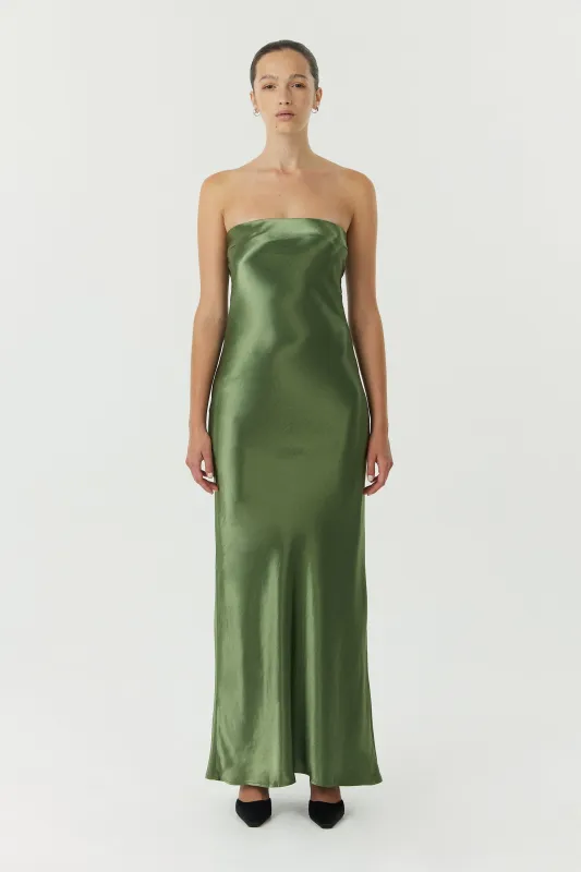 SATIN TIE BACK STRAPLESS MAXI | OLIVE made by Third Form
