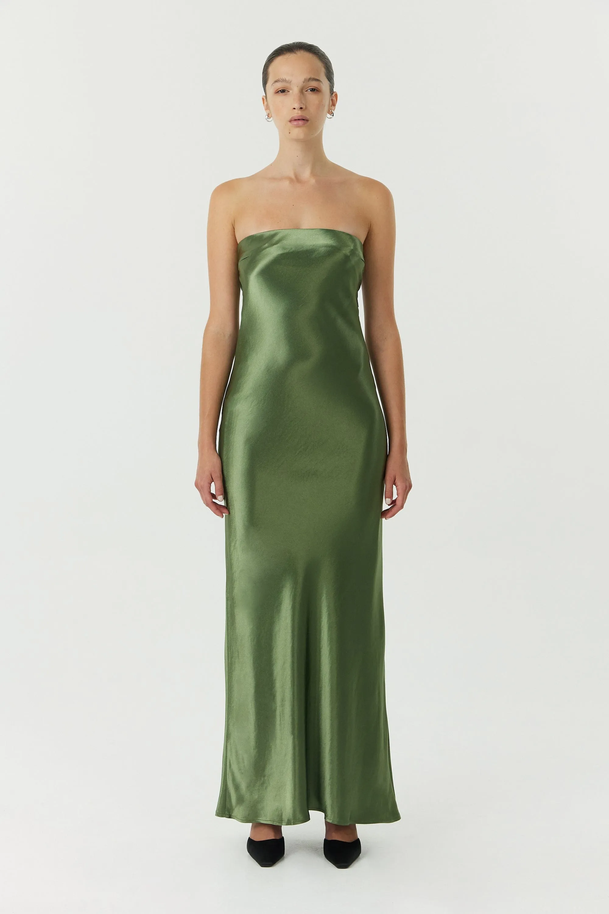 SATIN TIE BACK STRAPLESS MAXI | OLIVE sold by Third Form