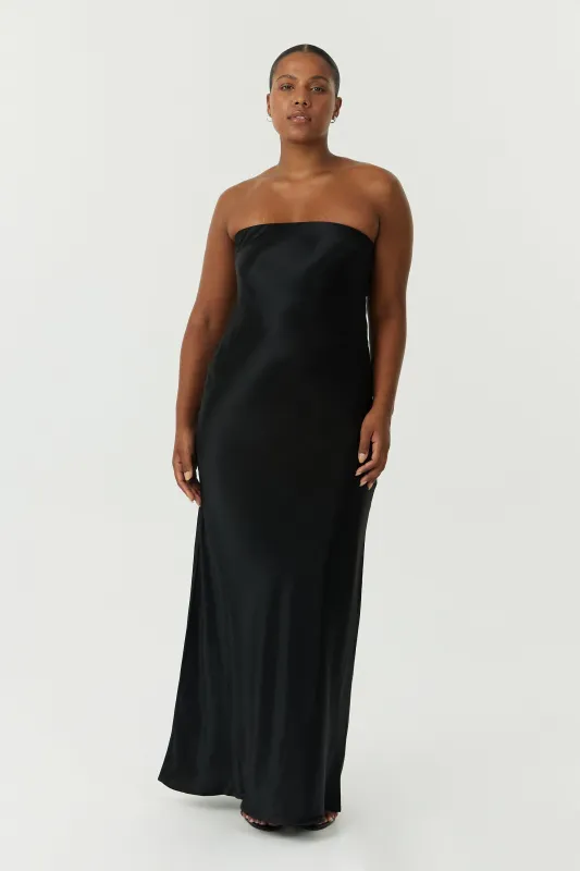 SATIN TIE BACK STRAPLESS MAXI | BLACK made by Third Form