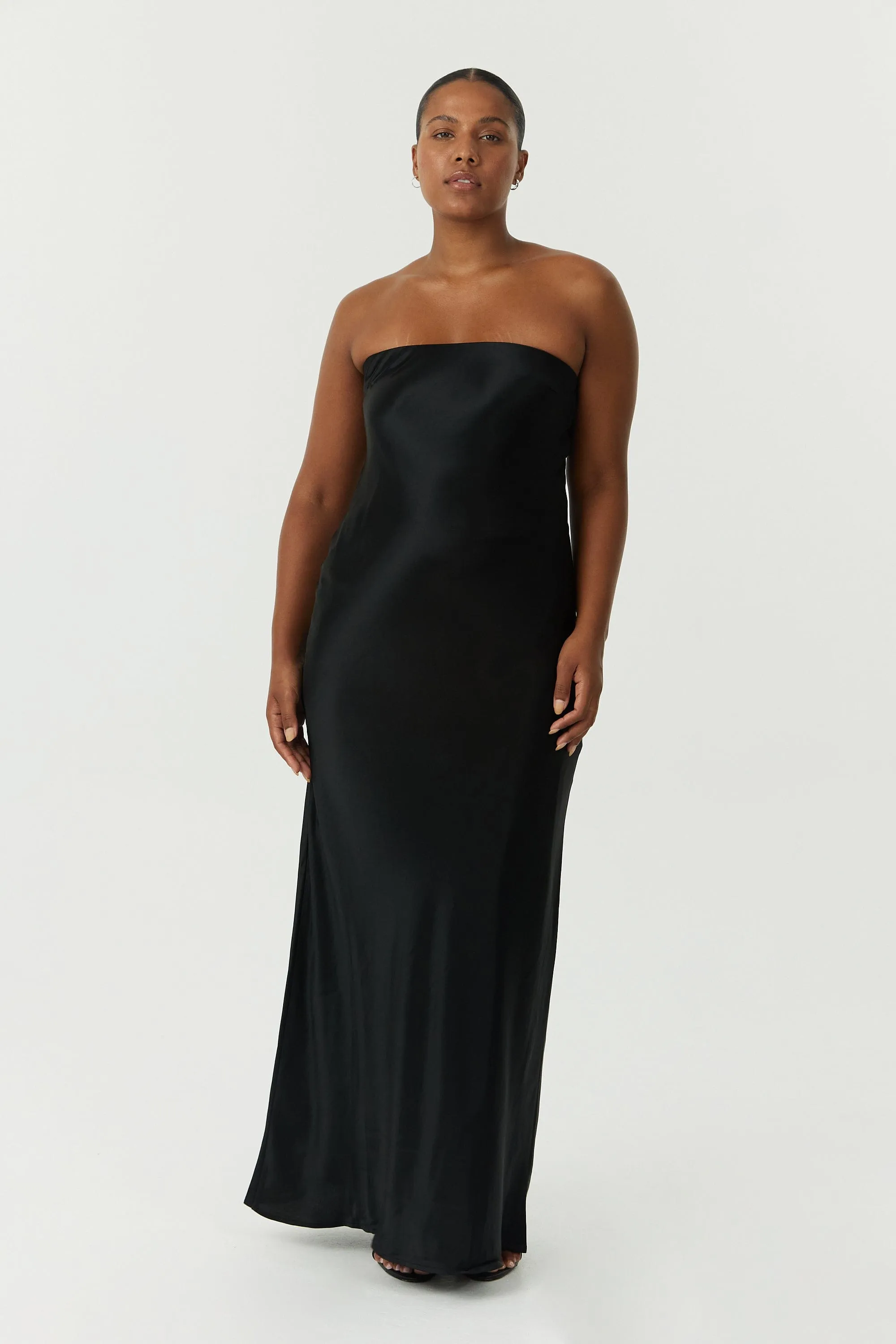 SATIN TIE BACK STRAPLESS MAXI | BLACK sold by Third Form