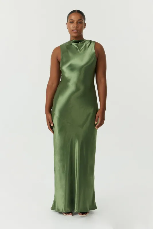 SATIN BIAS COWL BACK MAXI | OLIVE made by Third Form