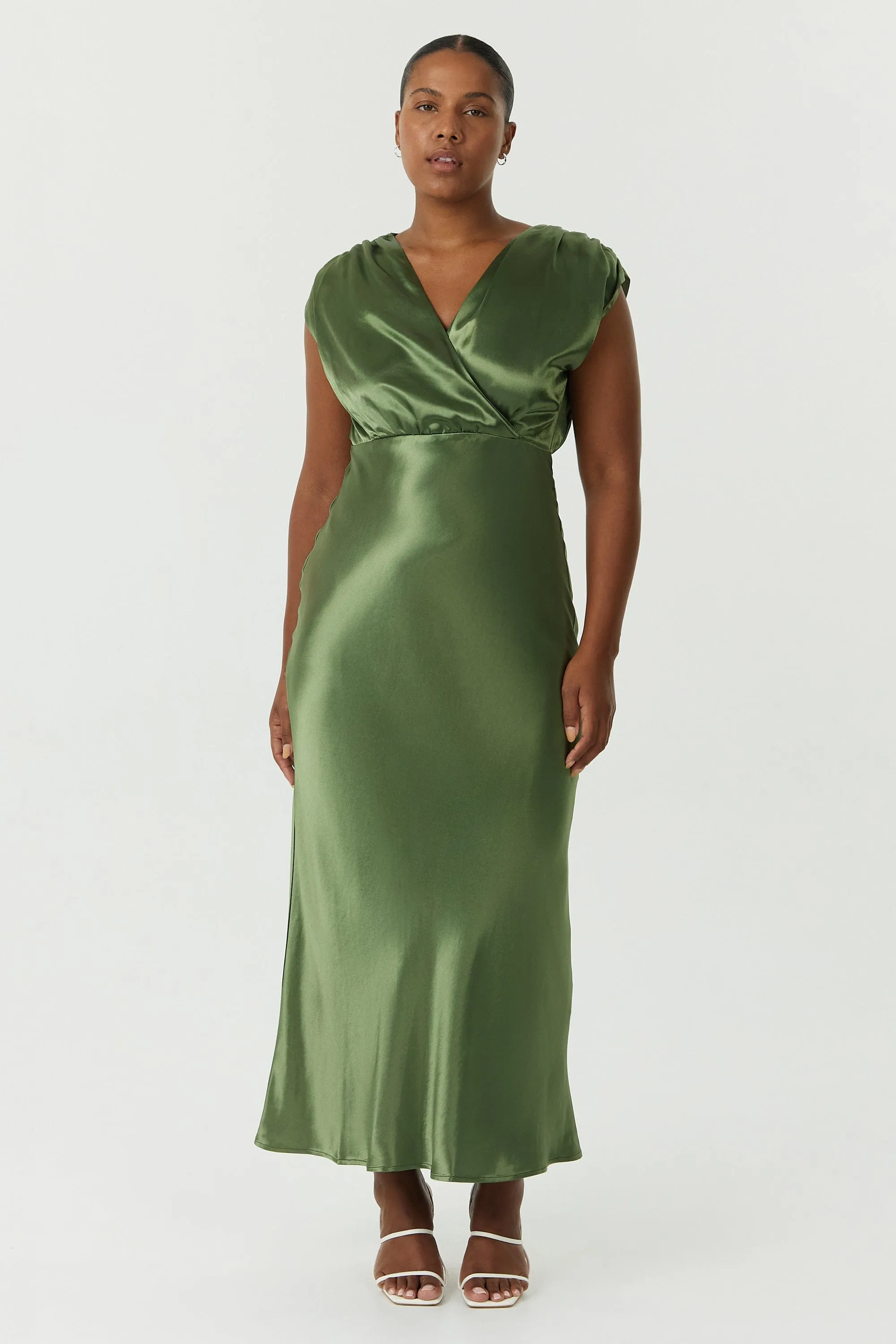 SATIN CROSS OVER GATHER DRESS | OLIVE sold by Third Form product image thumbnail 4