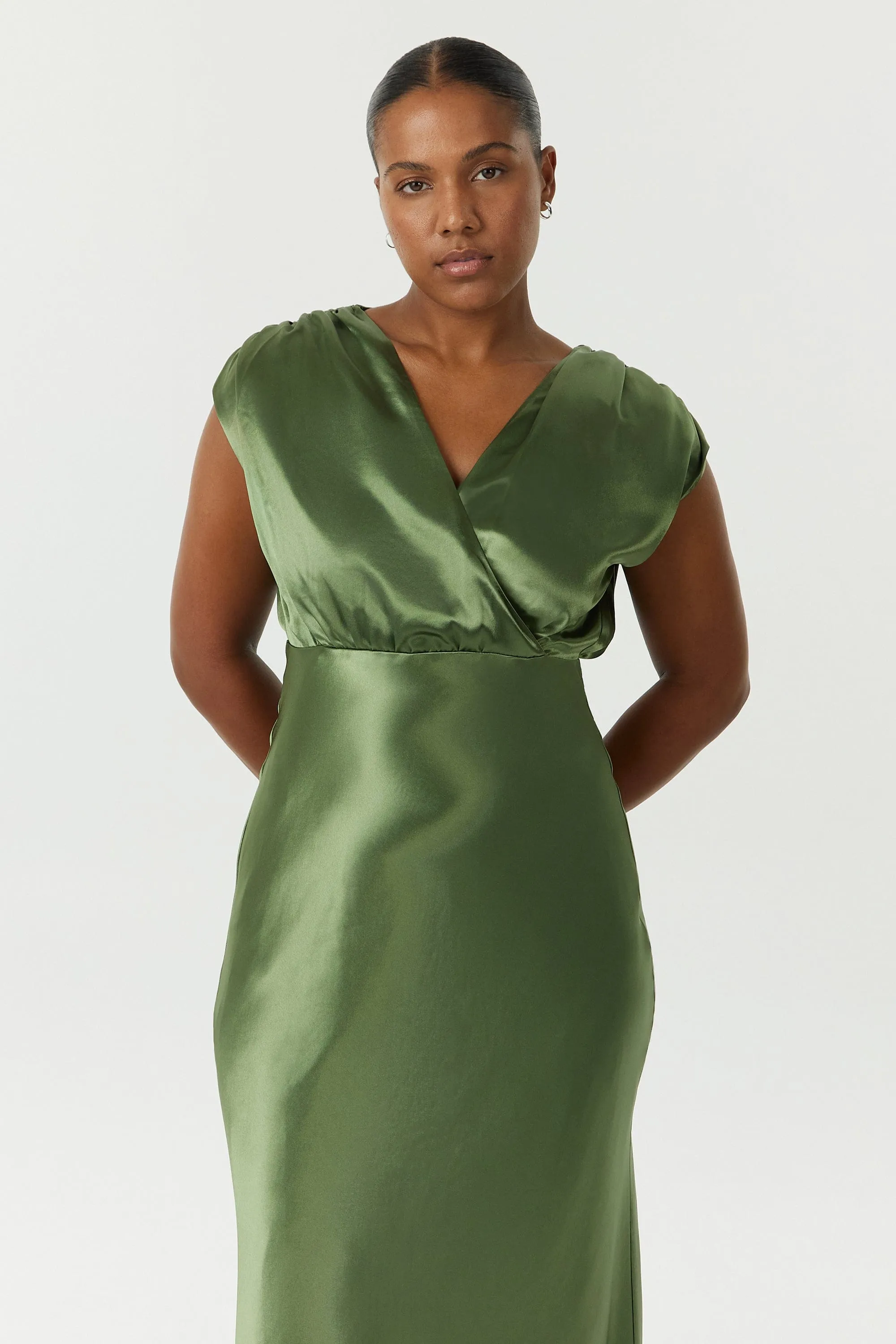 SATIN CROSS OVER GATHER DRESS | OLIVE sold by Third Form product image thumbnail 3