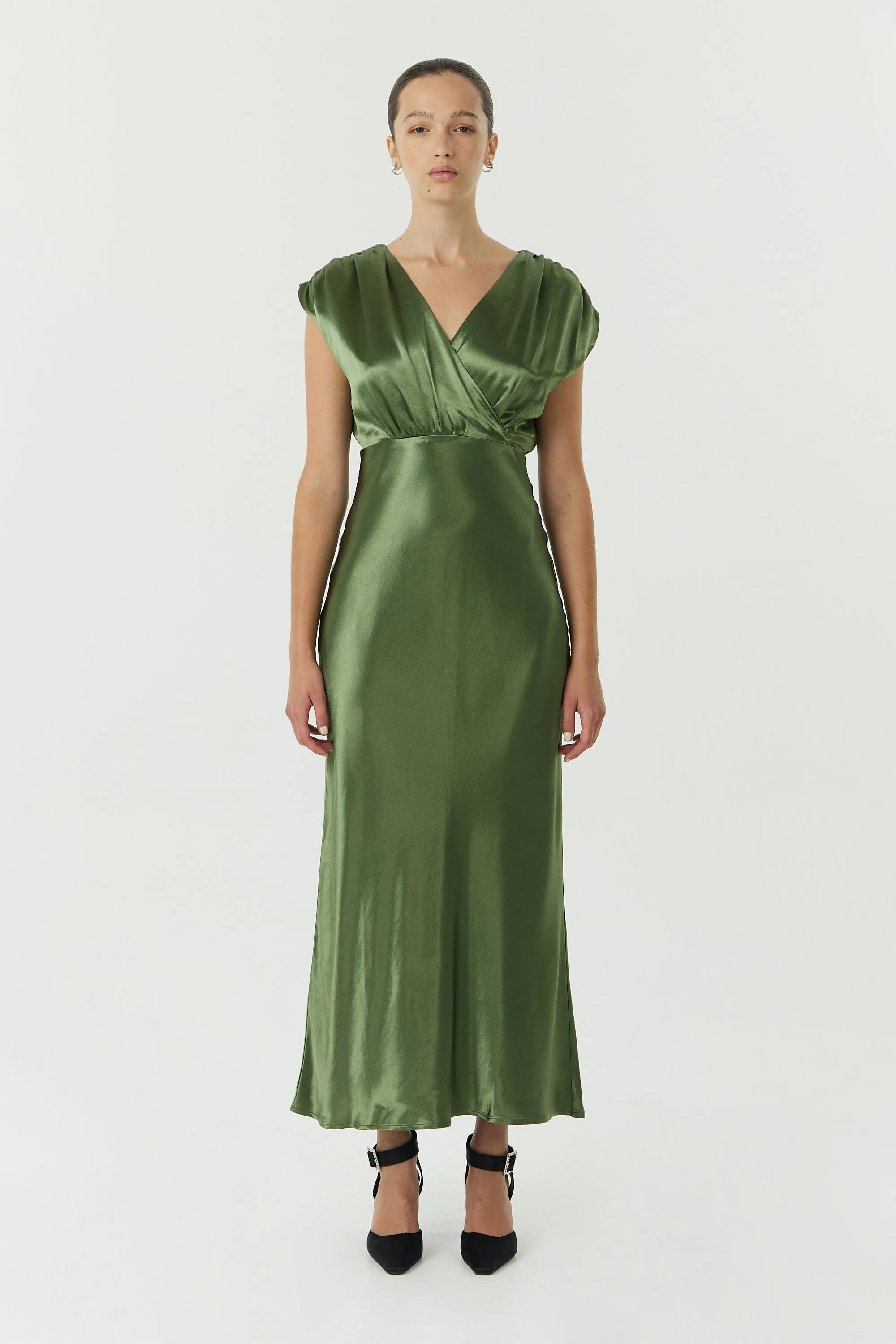 SATIN CROSS OVER GATHER DRESS | OLIVE sold by Third Form