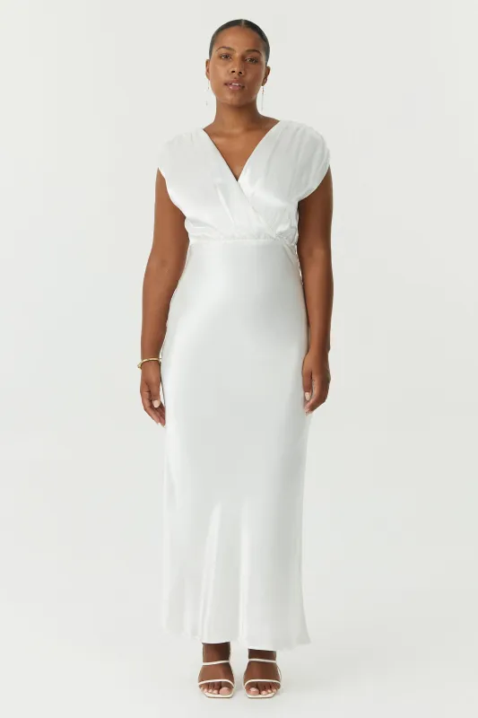SATIN CROSS OVER GATHER DRESS | POWDER WHITE made by Third Form