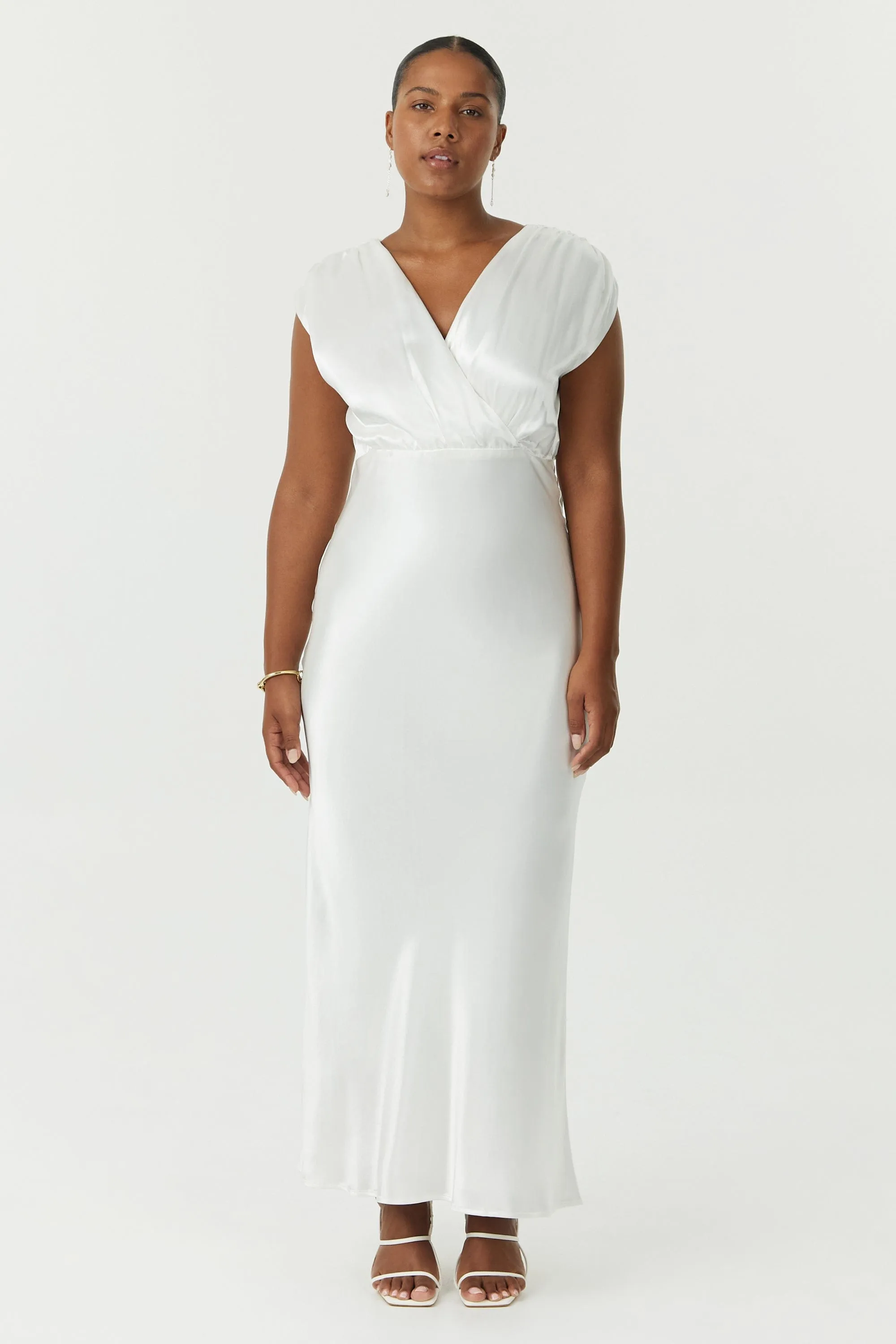 SATIN CROSS OVER GATHER DRESS | POWDER WHITE sold by Third Form
