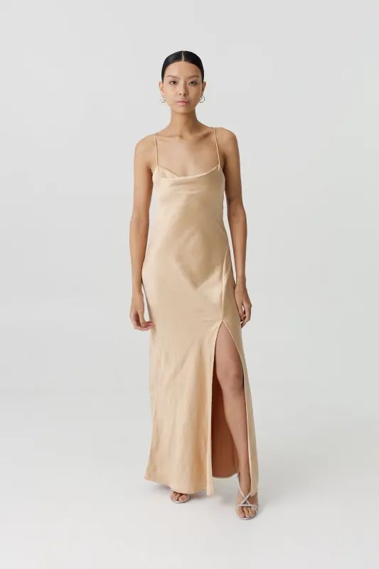 SATIN SPLIT SLIP MAXI DRESS | CHAMPAGNE (CANCELLED) made by Third Form