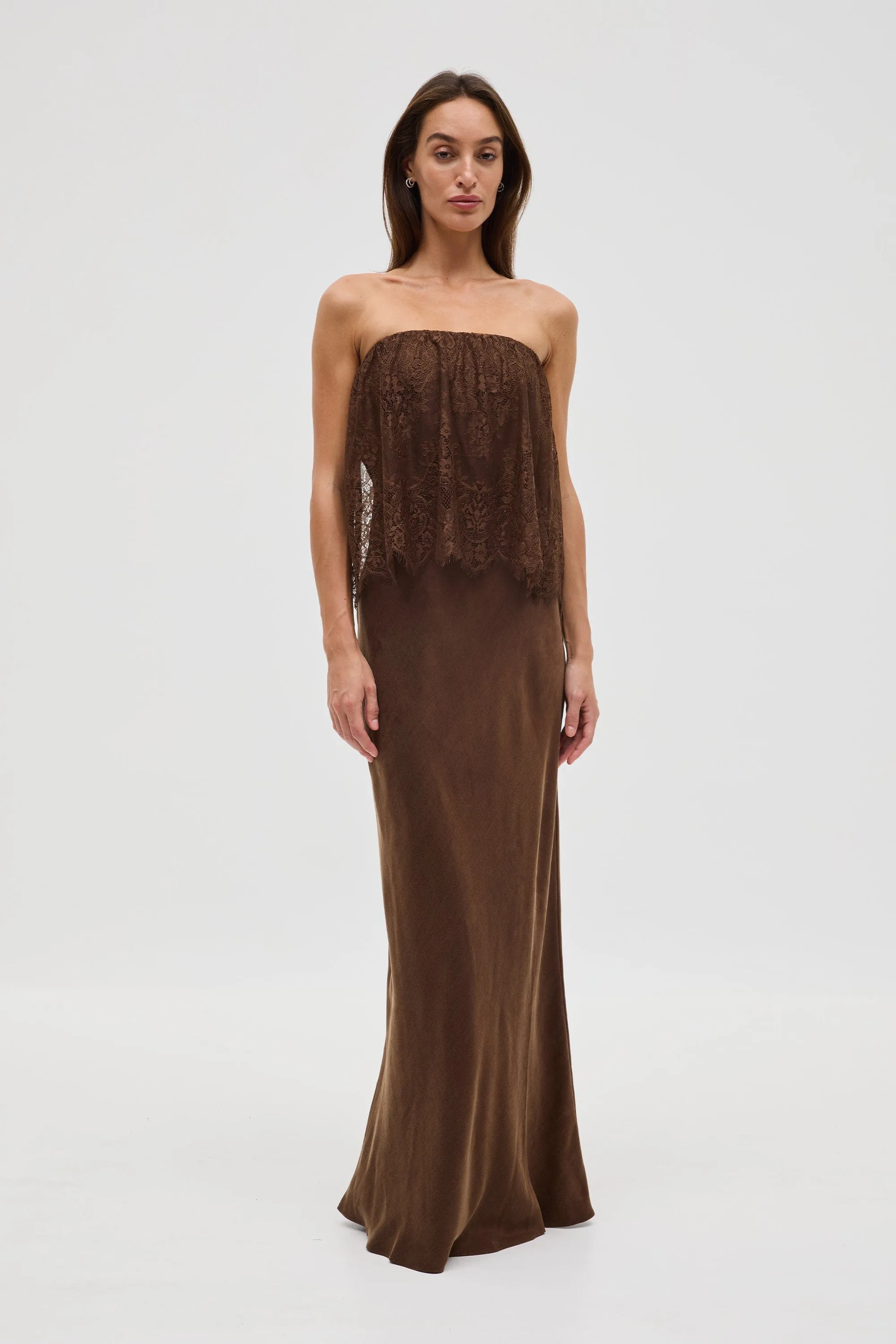 VISIONS LACE STRAPLESS MAXI DRESS | CHOCOLATE sold by Third Form