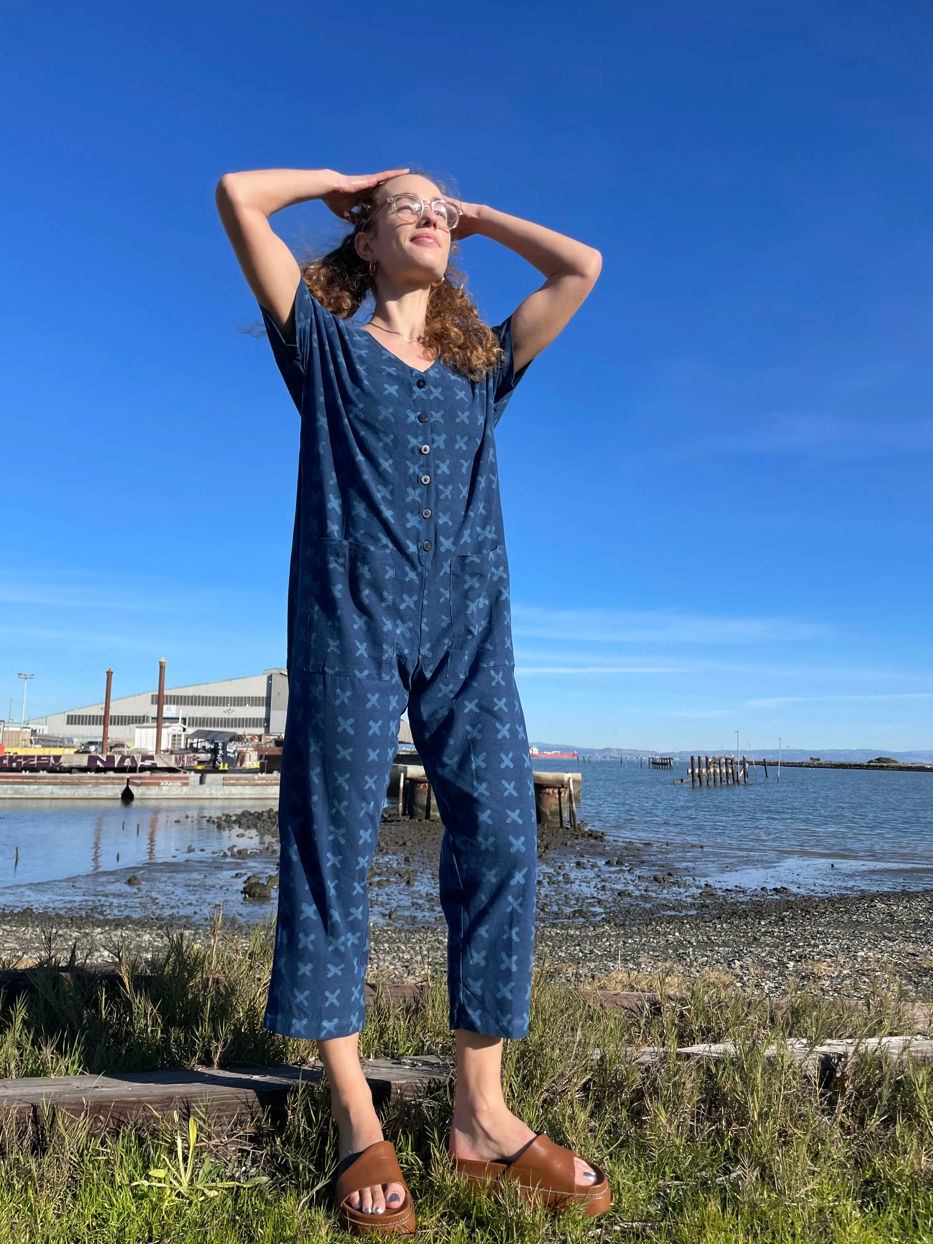 Short Sleeve Light Indigo Cross Jumpsuit sold by Happy French Gang product image thumbnail 5
