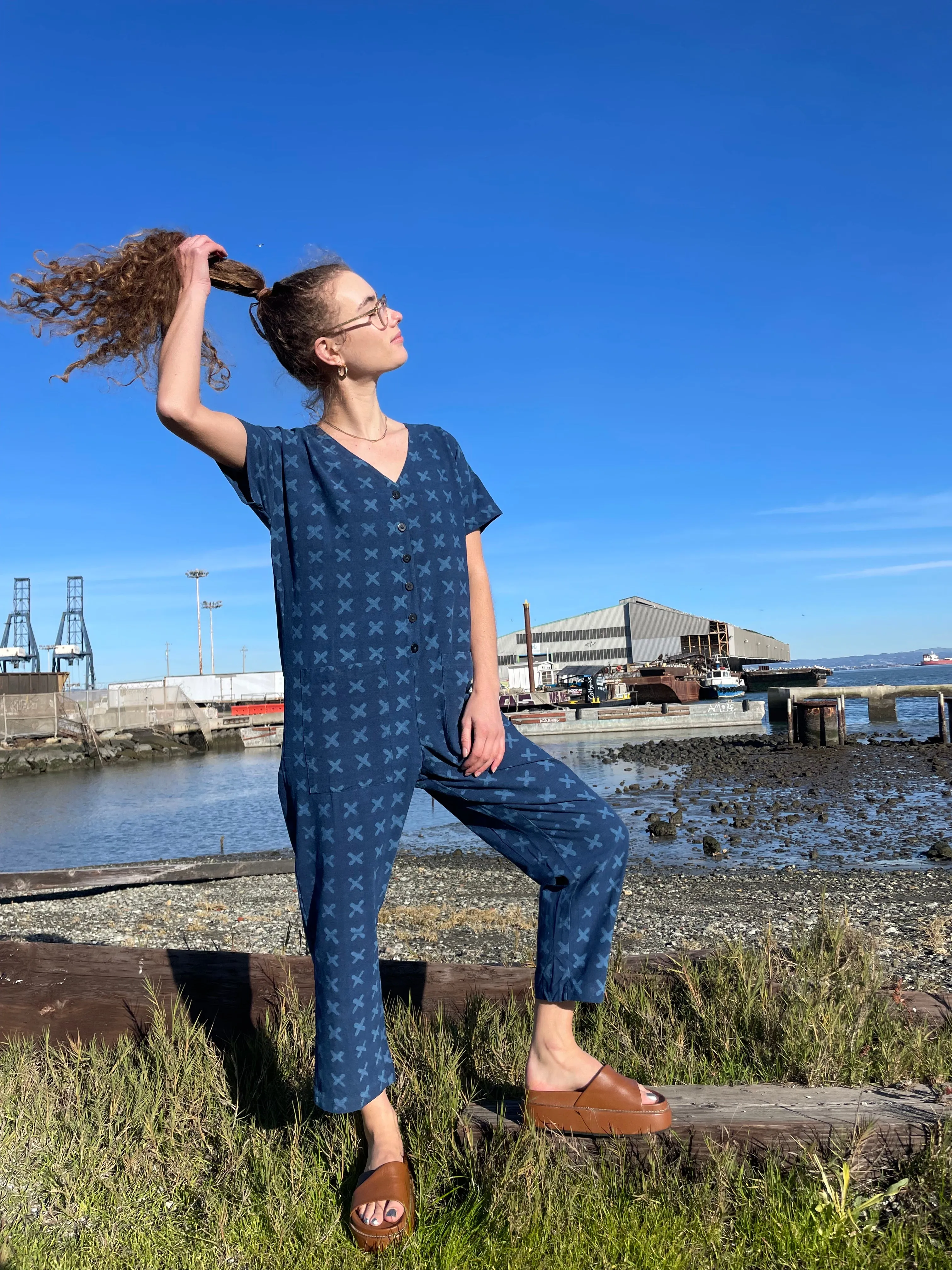 Short Sleeve Light Indigo Cross Jumpsuit sold by Happy French Gang product image thumbnail 2