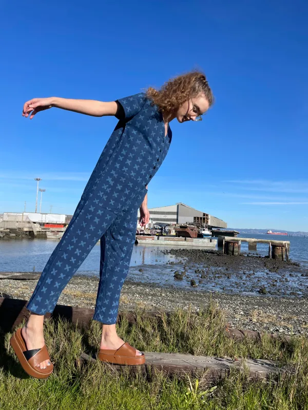 Short Sleeve Light Indigo Cross Jumpsuit sold by Happy French Gang