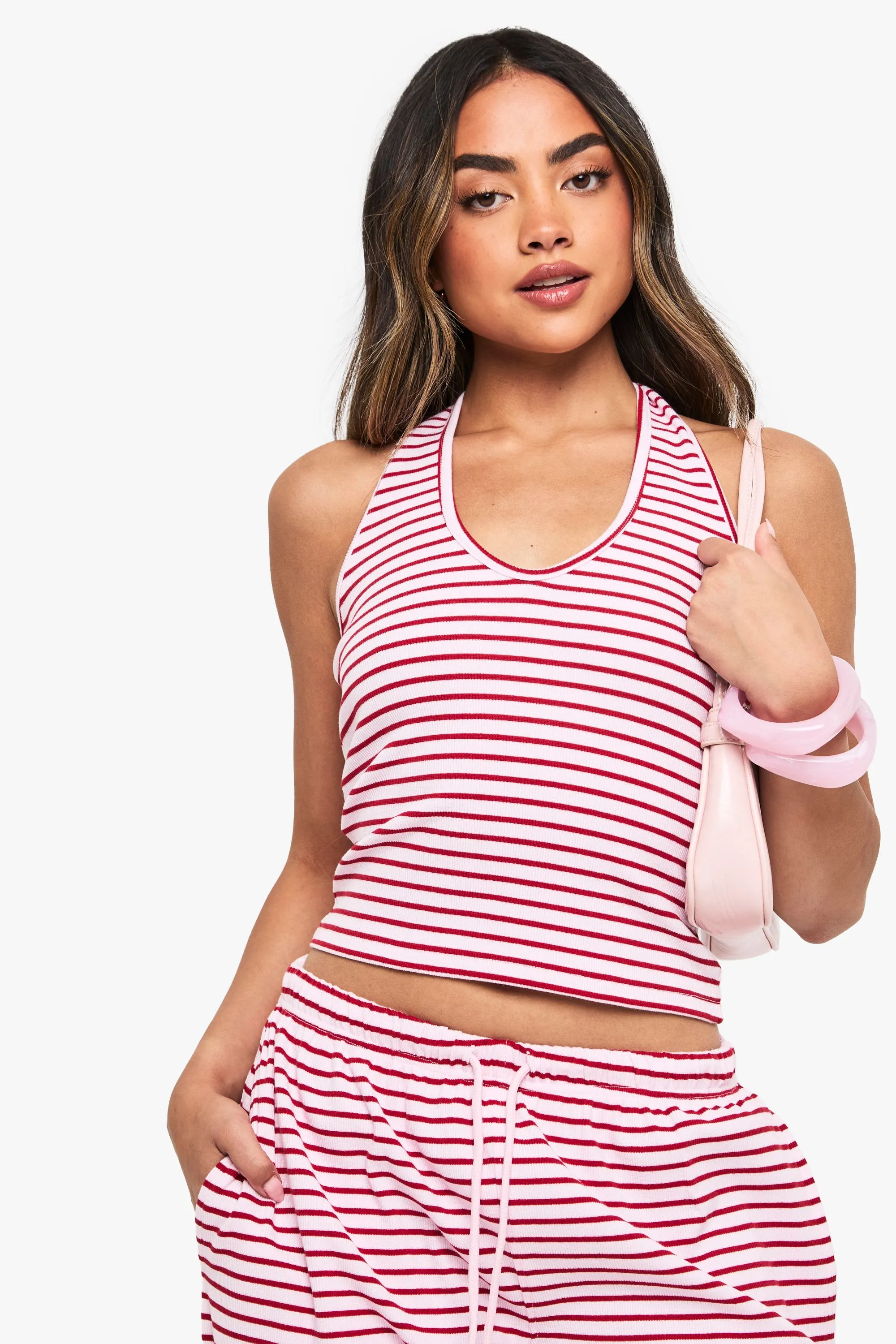 Stripe Rib Halterneck Top sold by Boohoo