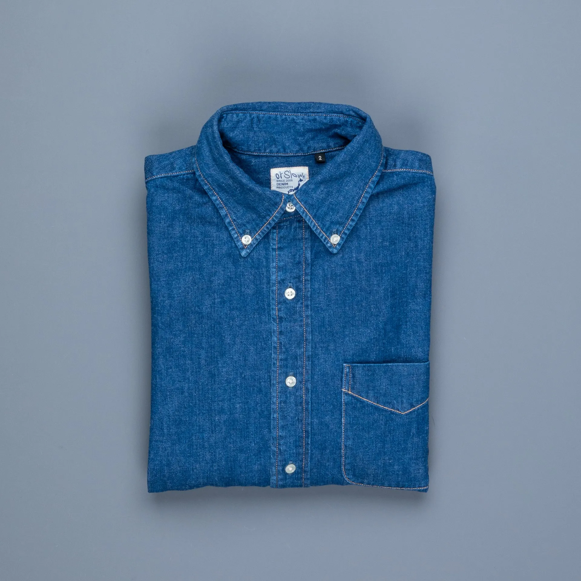 OrSlow Button Down denim shirt 2 year wash sold by Frans Boone