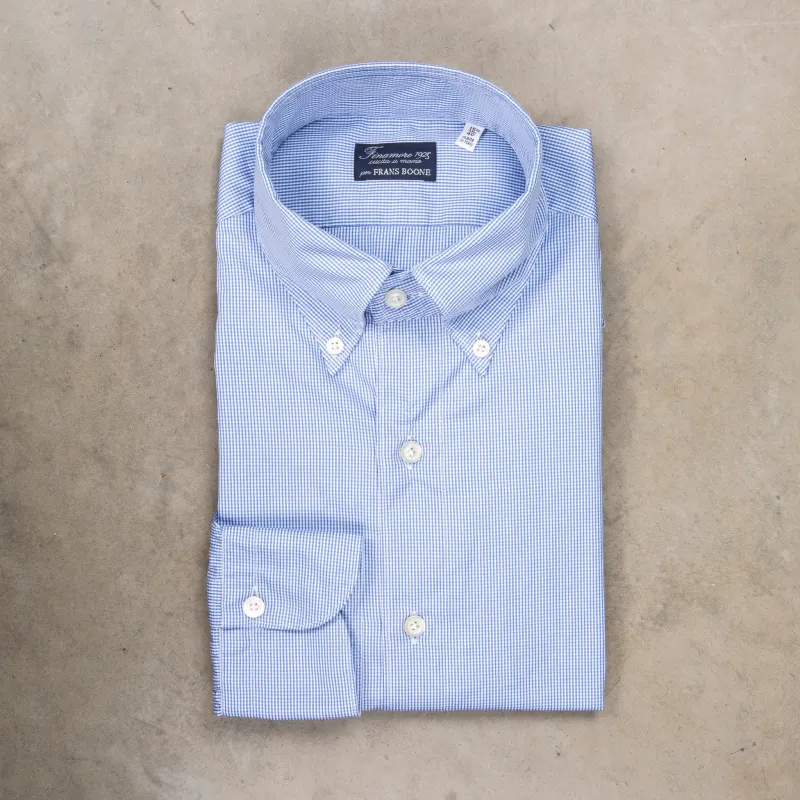 Finamore Tokyo Shirt Lucio Collar Mid Blue Vichy Poplin made by Finamore