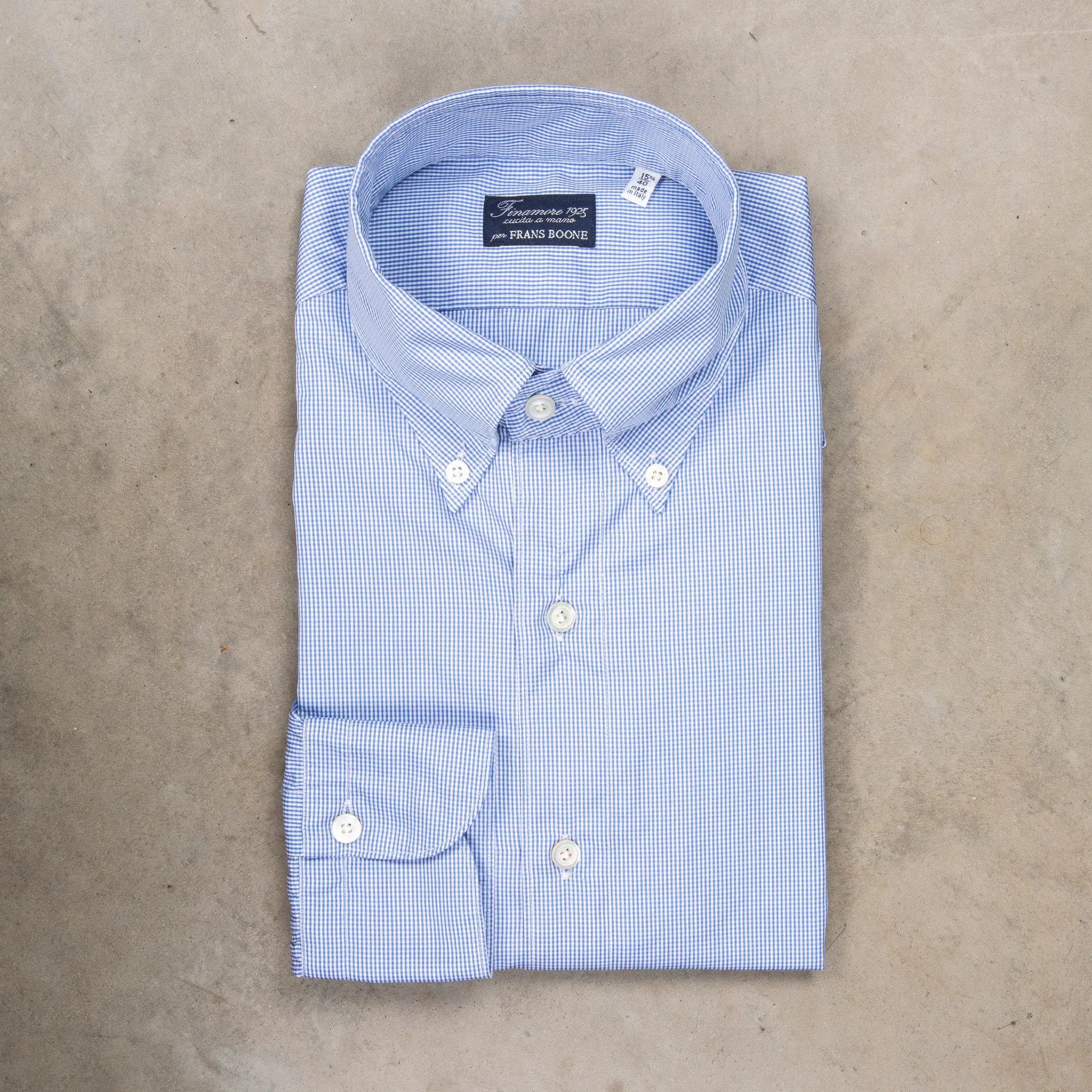 Finamore Tokyo Shirt Lucio Collar Mid Blue Vichy Poplin sold by Frans Boone