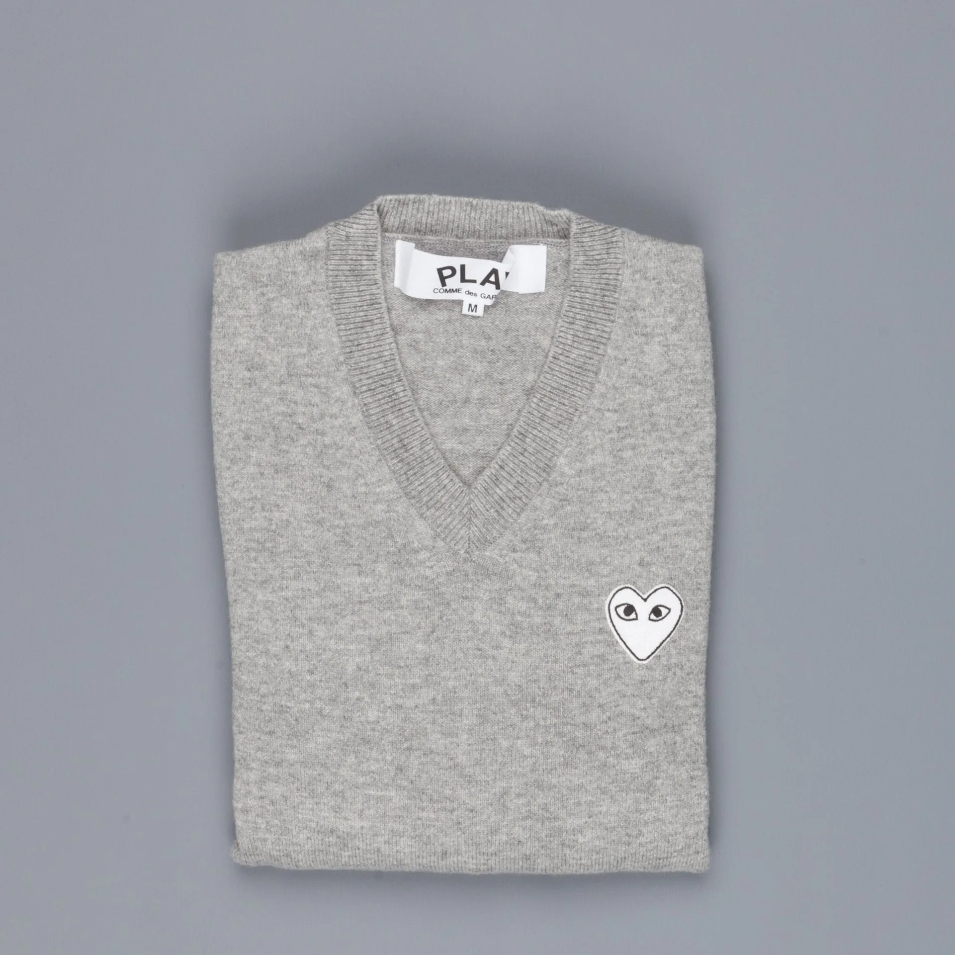 Comme des Garçons PLAY V-Neck Pullover Light Grey White Heart sold by Frans Boone