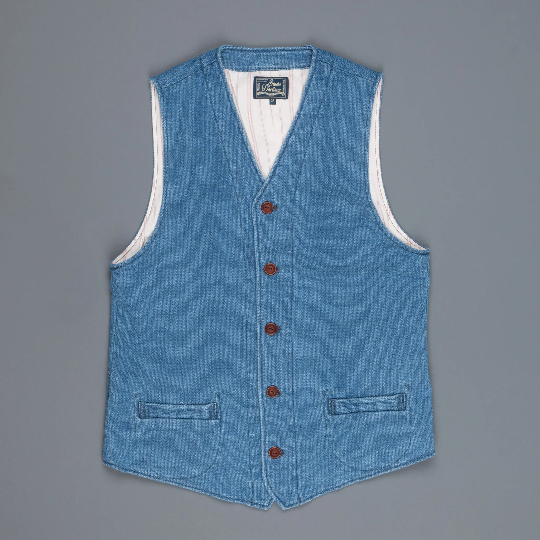 Studio D'Artisan indigo dyed waistcoat model 4413U sold by Frans Boone