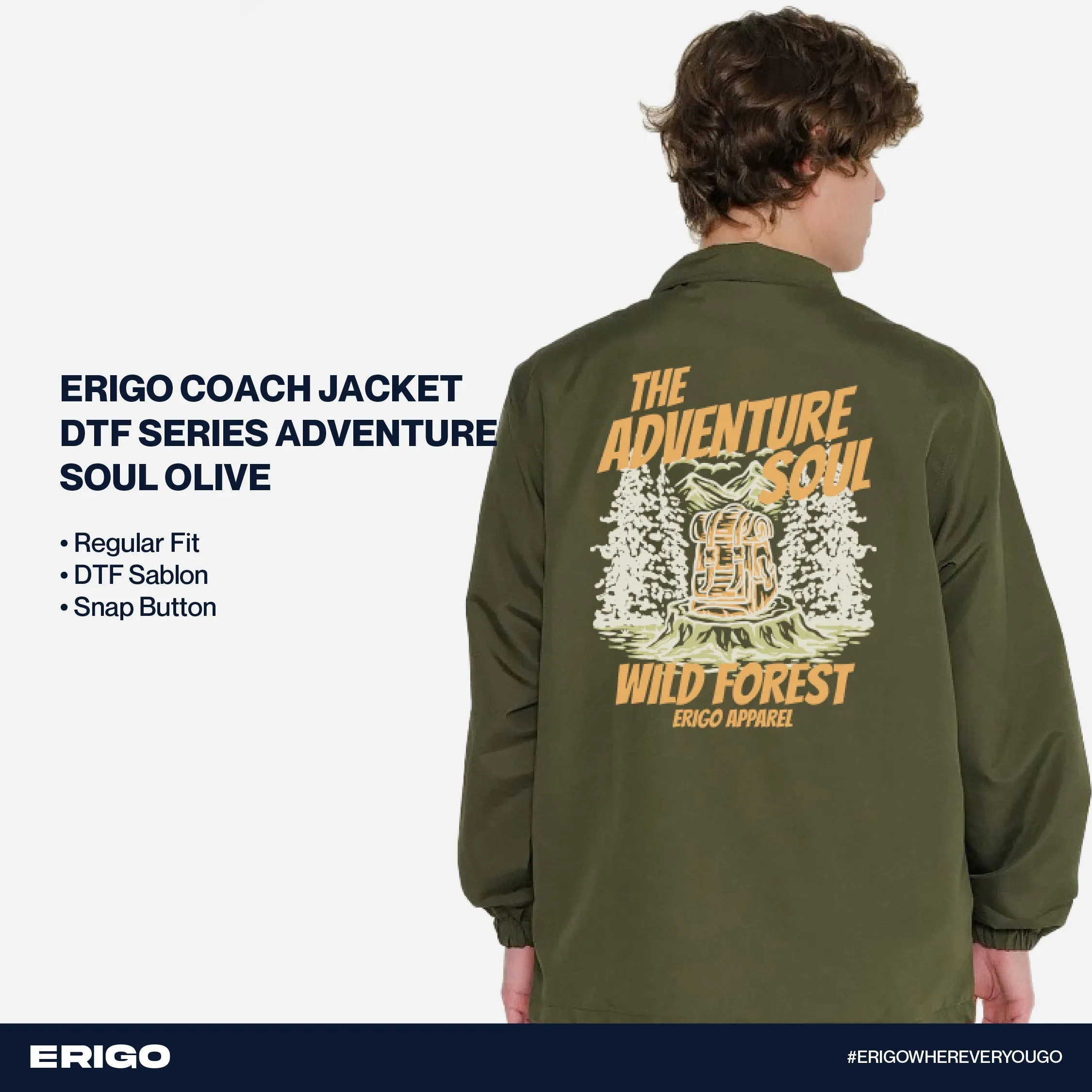 Erigo Coach Jacket Graphic Series Adventure Soul Olive sold by Erigo