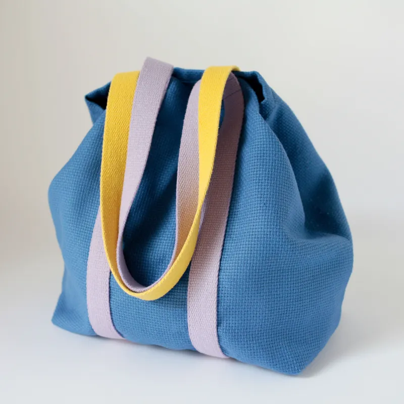 Upcycling Shopper Blau, Träger Gelb /Flieder sold by Alex Bender