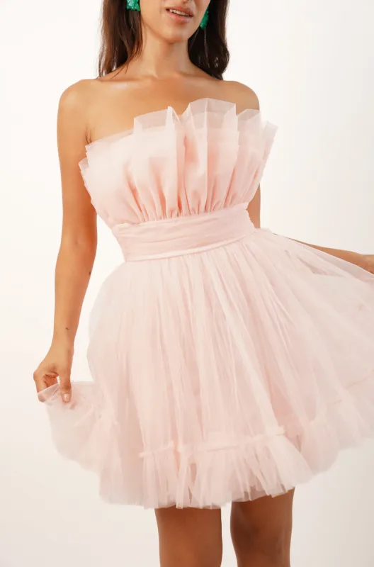 Nanita Tulle Mini Dress in Blush Pink sold by Lace & Beads