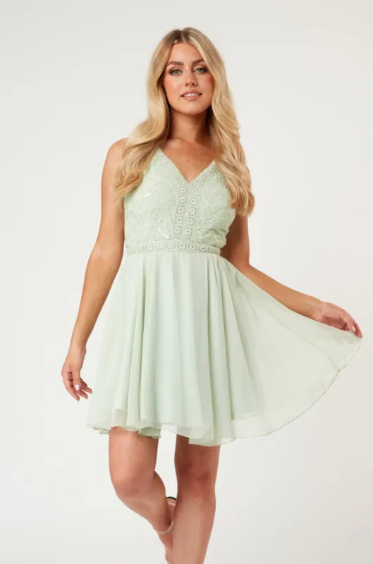 Cheri Embroidered Mint Green Skater Dress made by Lace & Beads