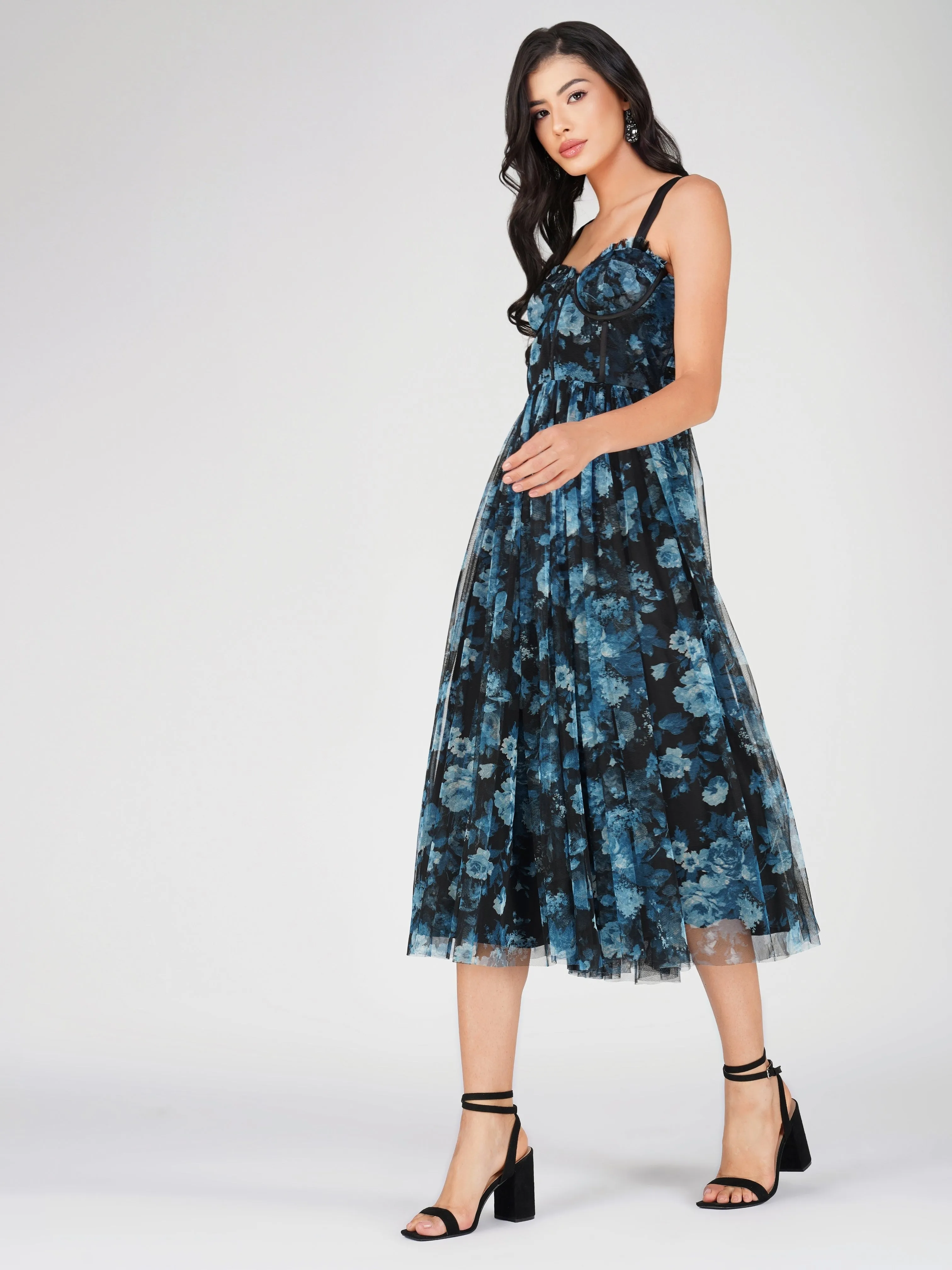 Dane Blue Floral Corset Tulle Midi Dress sold by Lace & Beads product image thumbnail 4