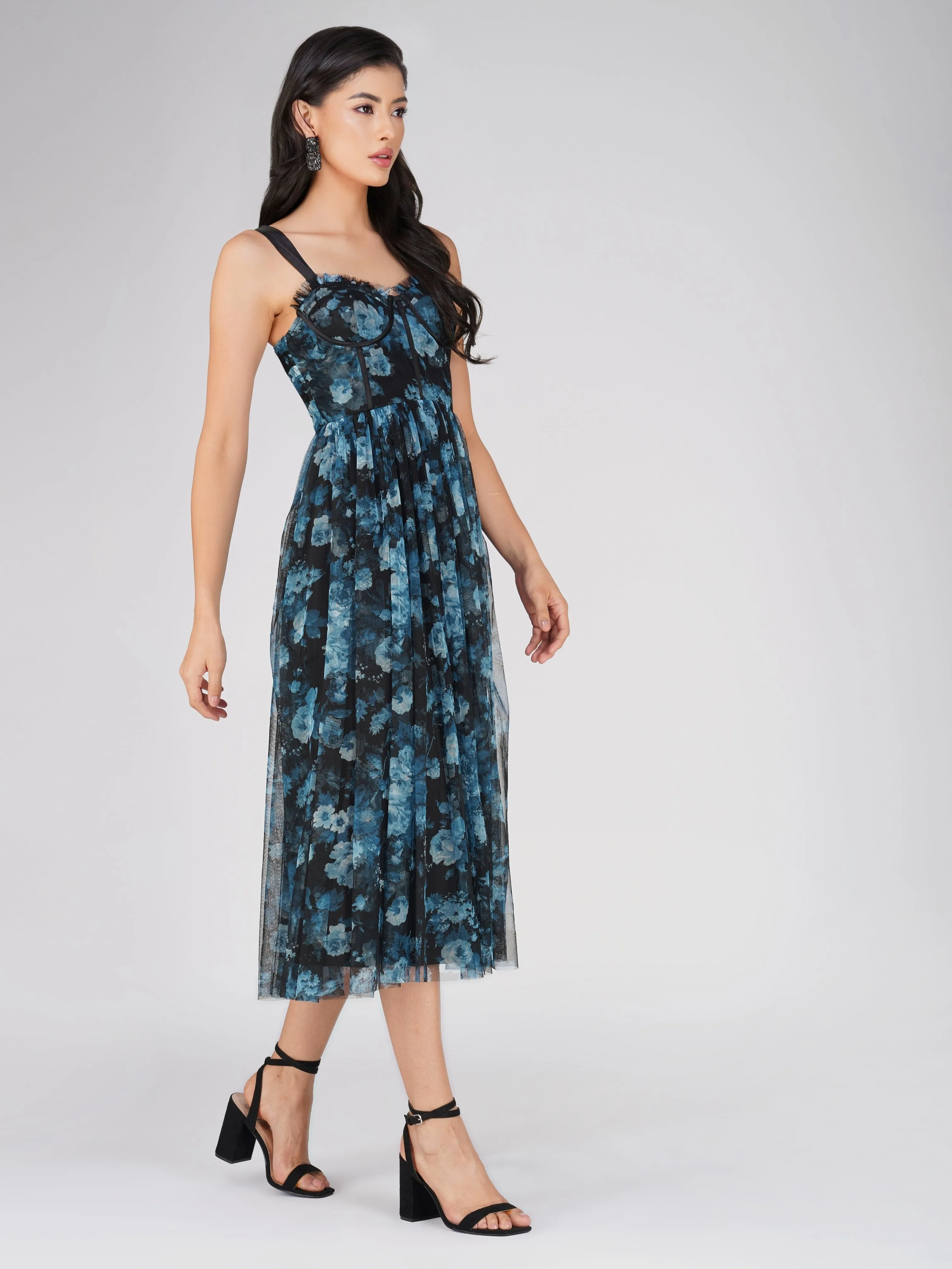 Dane Blue Floral Corset Tulle Midi Dress sold by Lace & Beads product image thumbnail 5