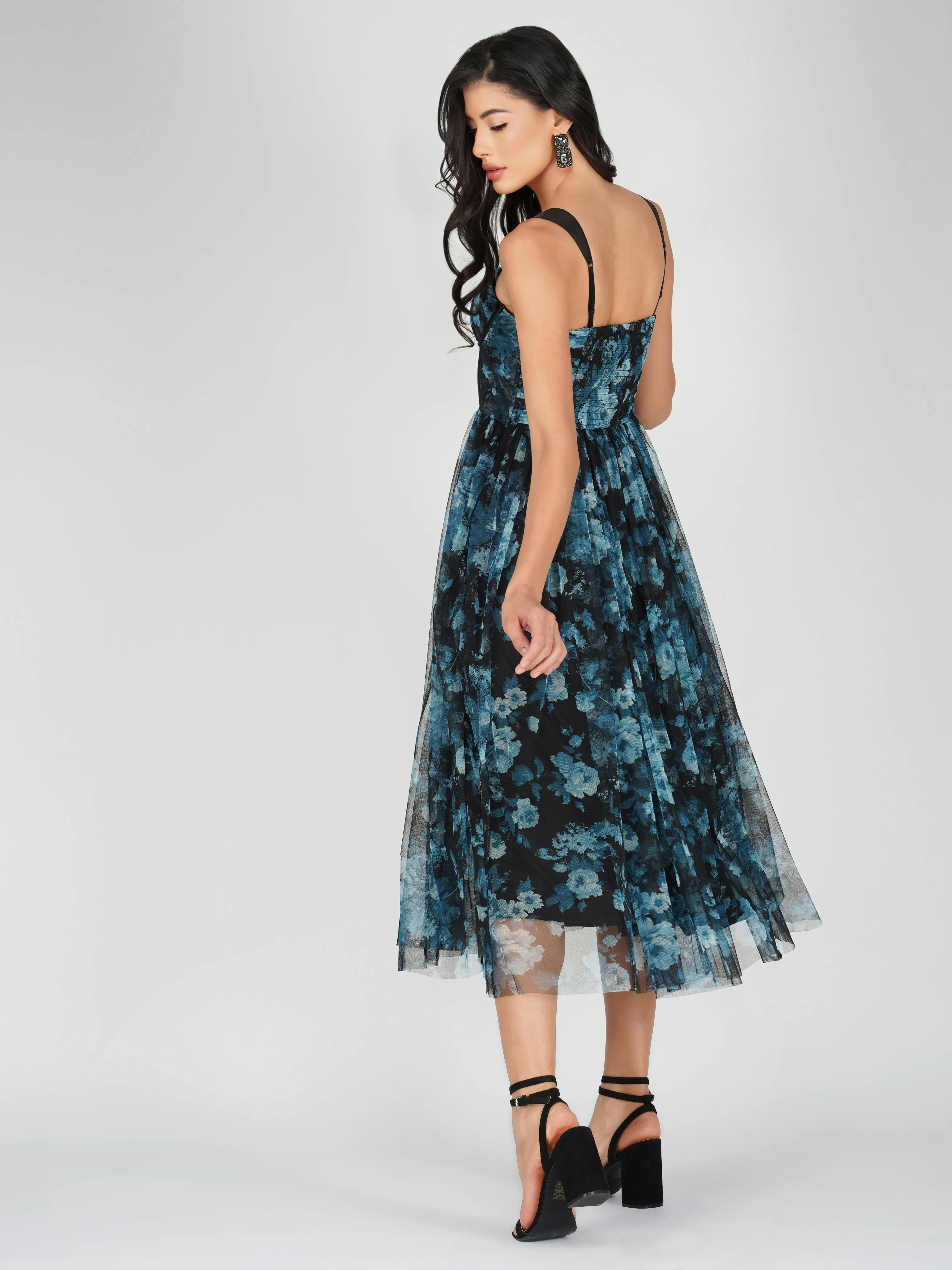 Dane Blue Floral Corset Tulle Midi Dress sold by Lace & Beads product image thumbnail 3