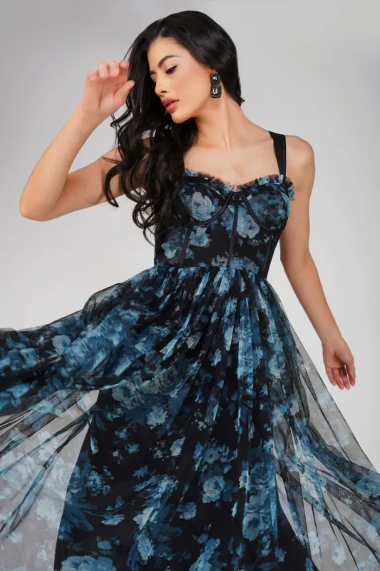 Dane Blue Floral Corset Tulle Midi Dress made by Lace & Beads