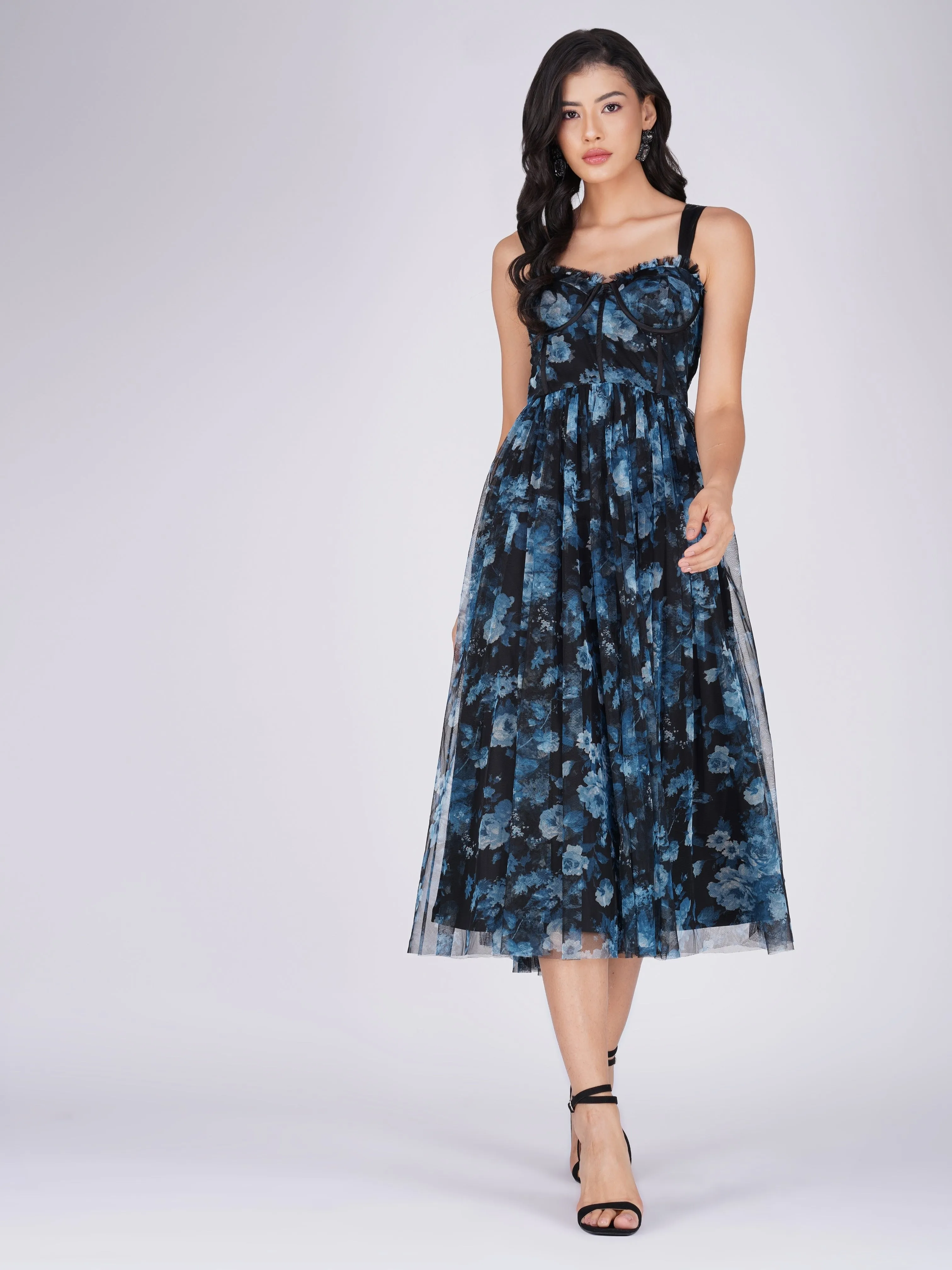 Dane Blue Floral Corset Tulle Midi Dress sold by Lace & Beads product image thumbnail 2