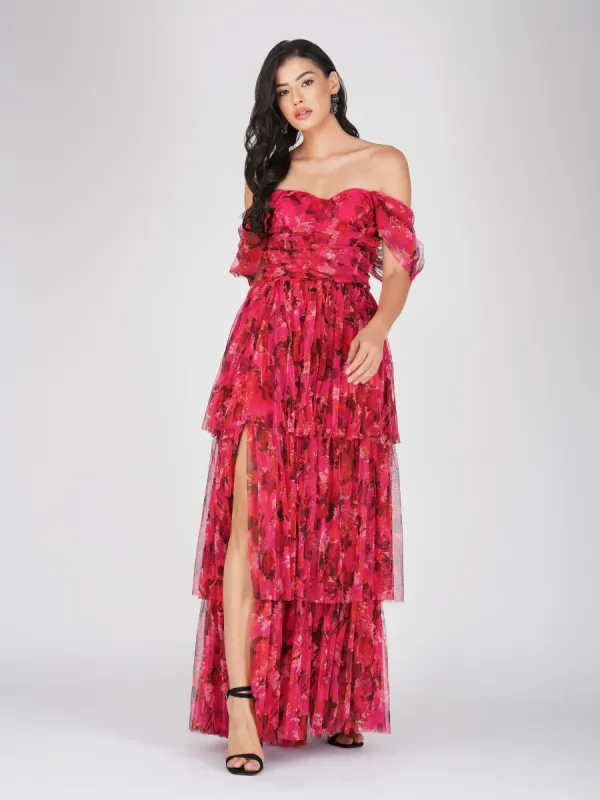 Sydney Tulle Maxi Dress in Red Pink Print sold by Lace & Beads