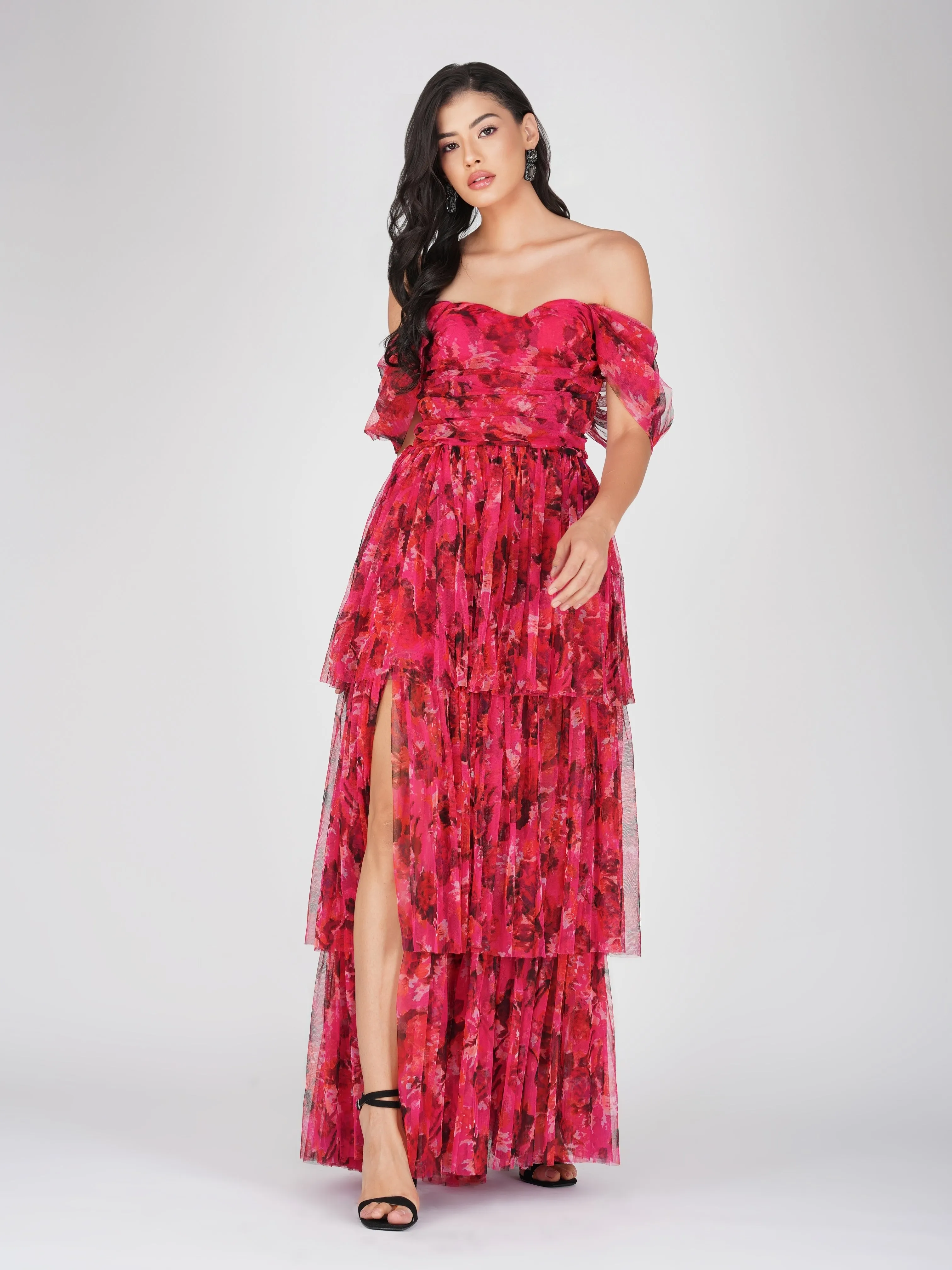 Sydney Tulle Maxi Dress in Red Pink Print sold by Lace & Beads