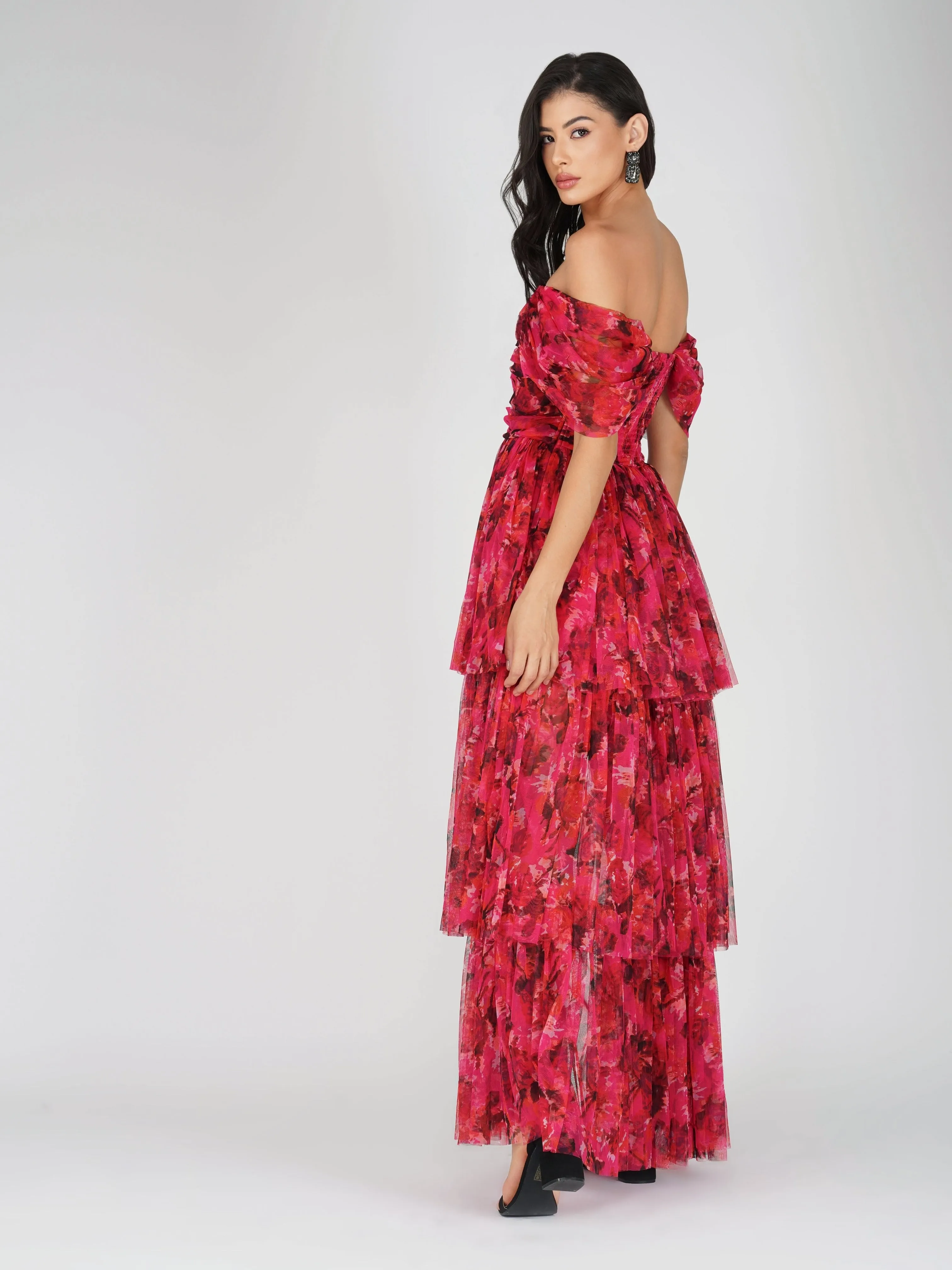 Sydney Tulle Maxi Dress in Red Pink Print sold by Lace & Beads product image thumbnail 2
