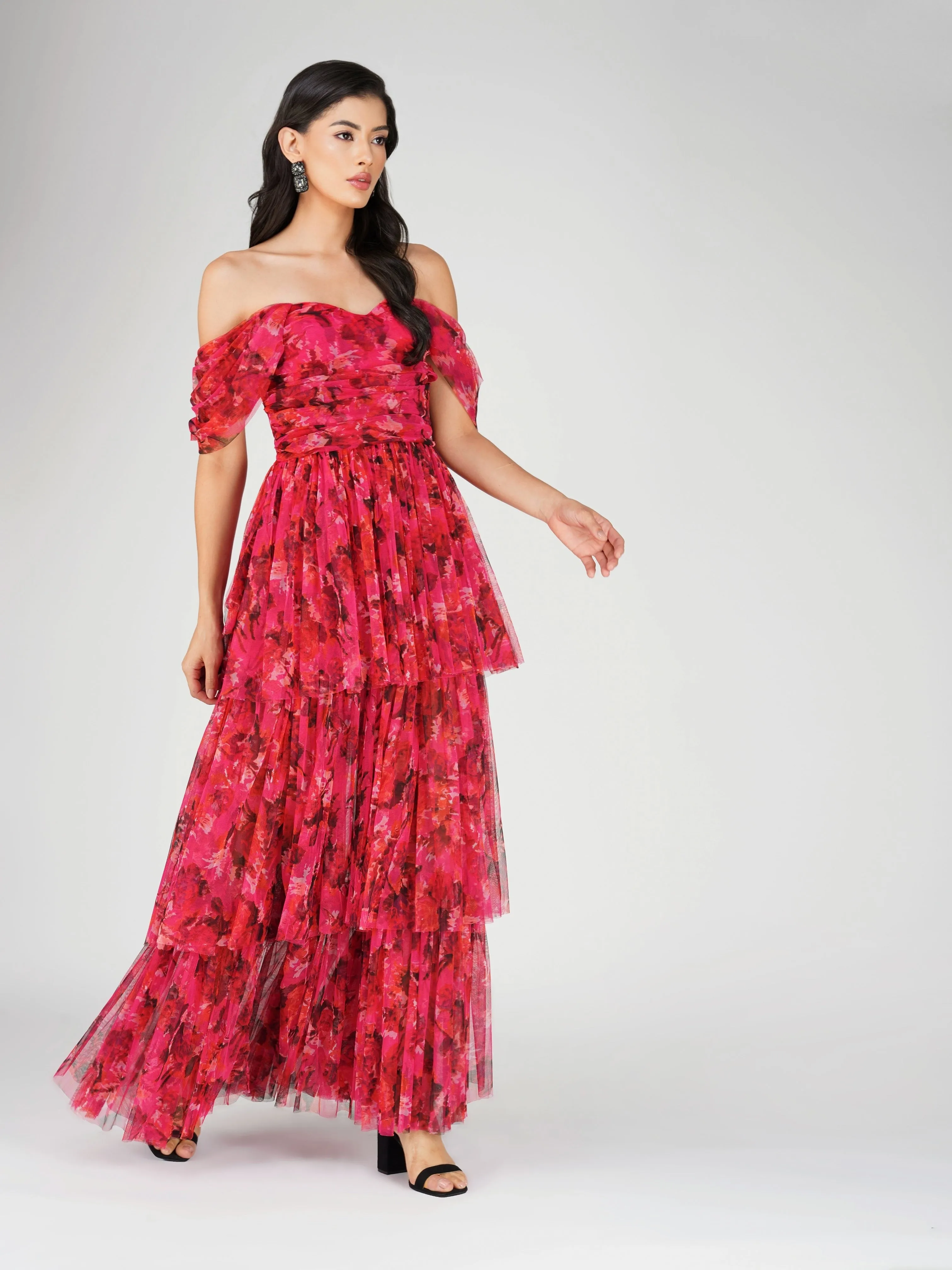 Sydney Tulle Maxi Dress in Red Pink Print sold by Lace & Beads product image thumbnail 3