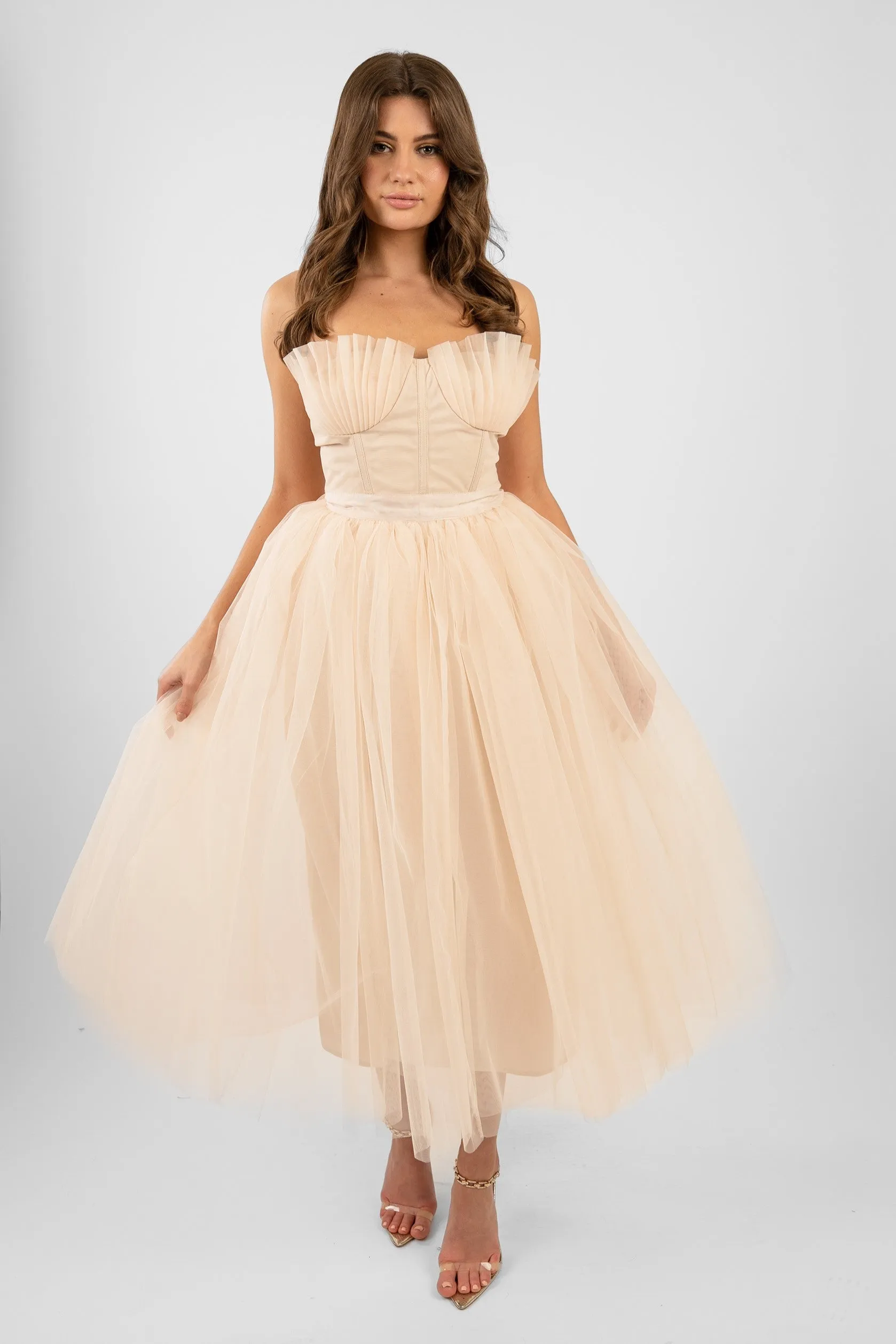 Nimo Cream Tulle Midi Dress with Shell Cups sold by Lace & Beads