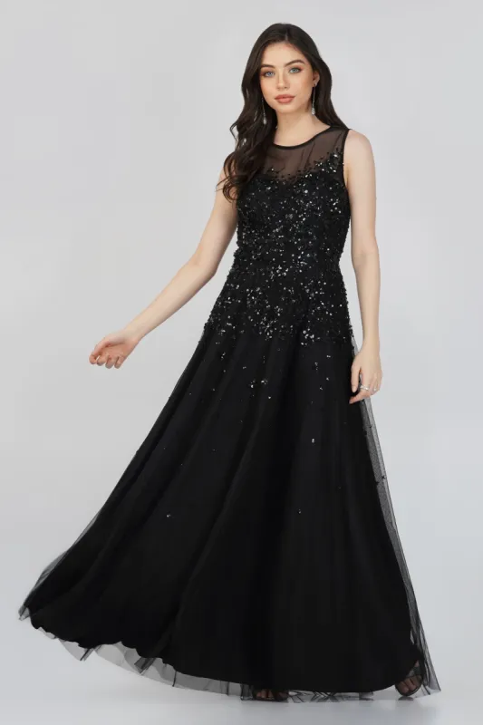 Lilith Floral Embellished Maxi Dress in Black sold by Lace & Beads