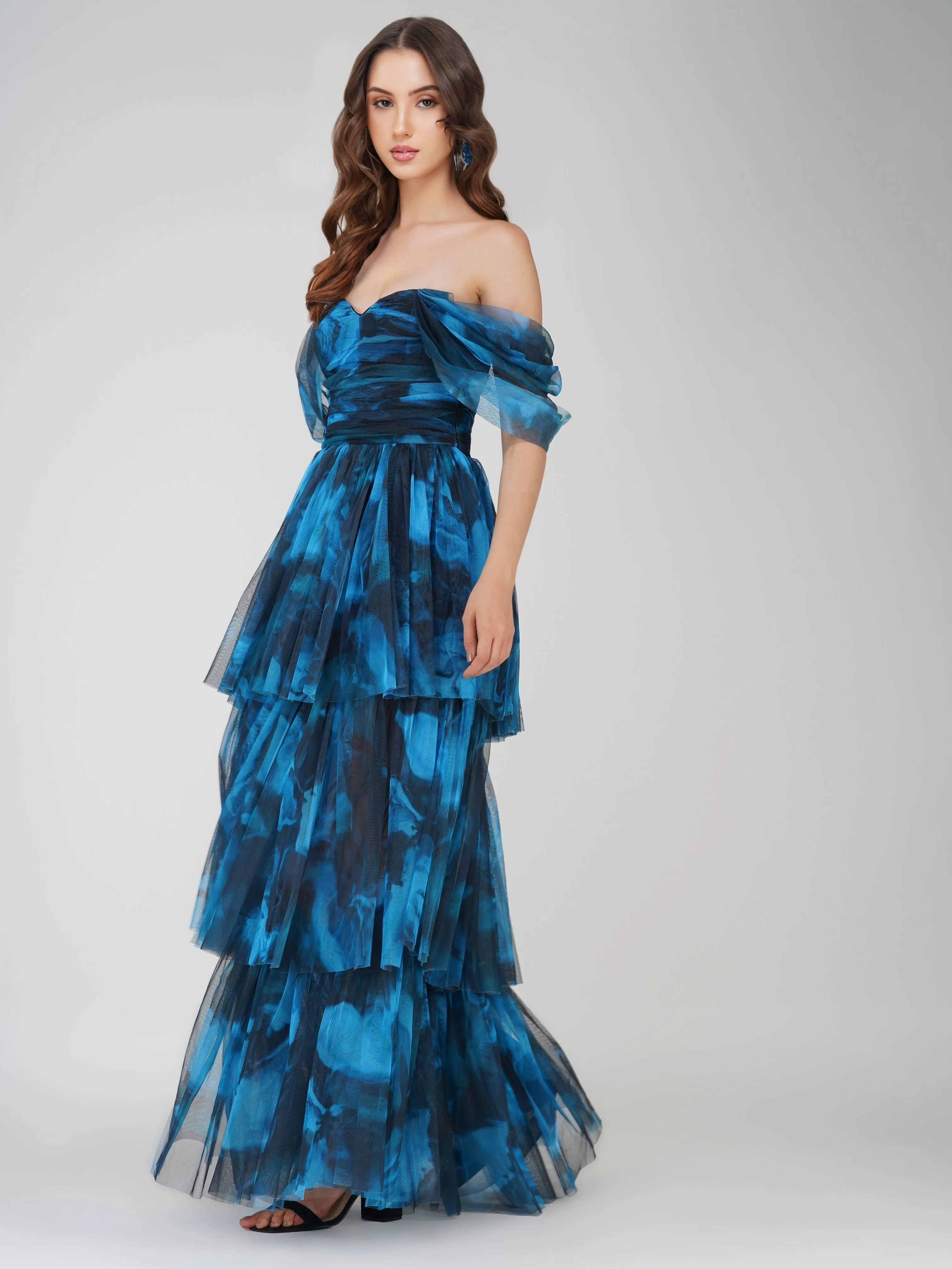 Sydney Tulle Maxi Dress in Blue Watercolour sold by Lace & Beads product image thumbnail 2