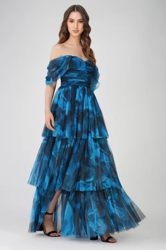 Sydney Tulle Maxi Dress in Blue Watercolour sold by Lace & Beads