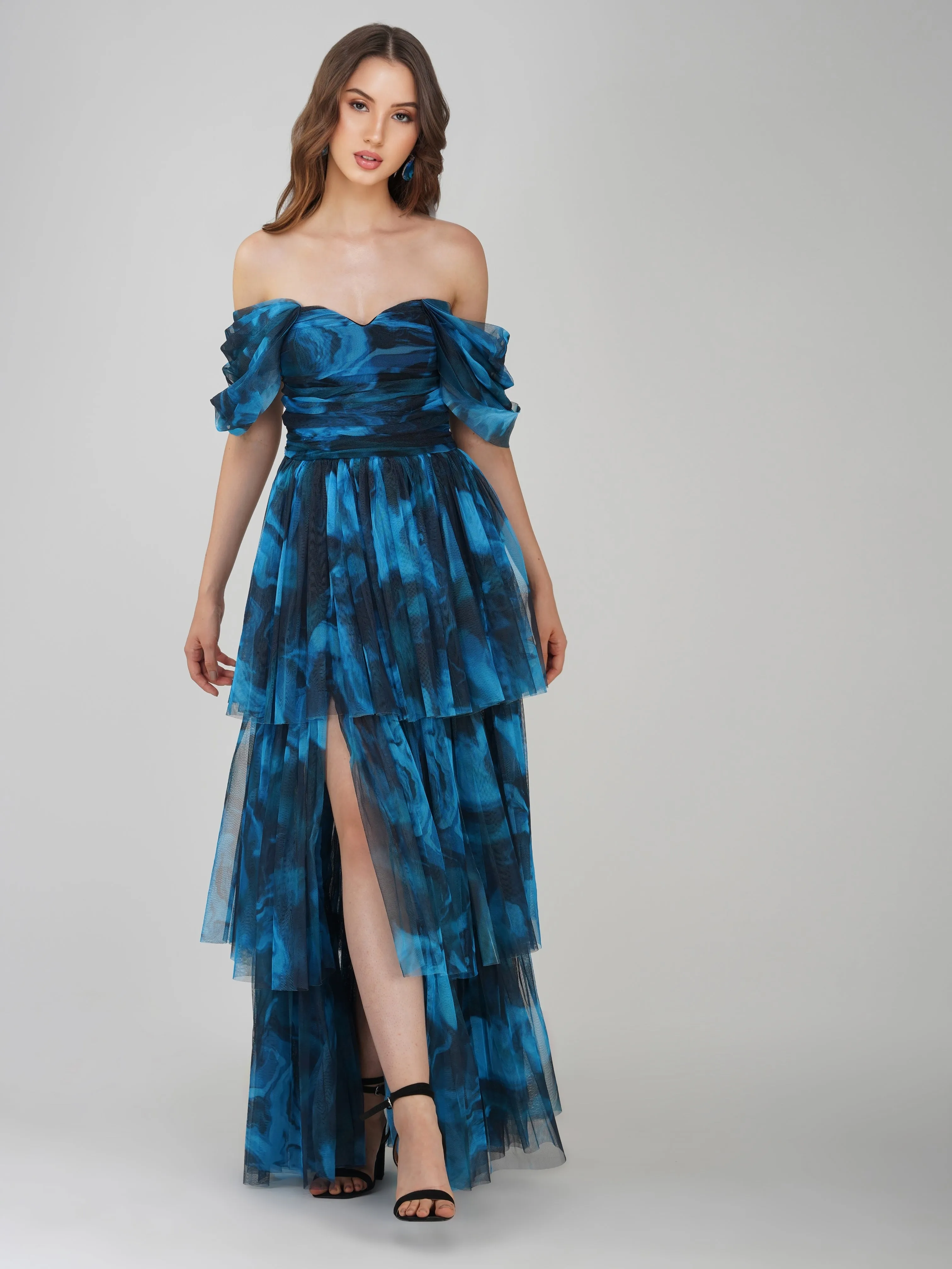 Sydney Tulle Maxi Dress in Blue Watercolour sold by Lace & Beads product image thumbnail 3