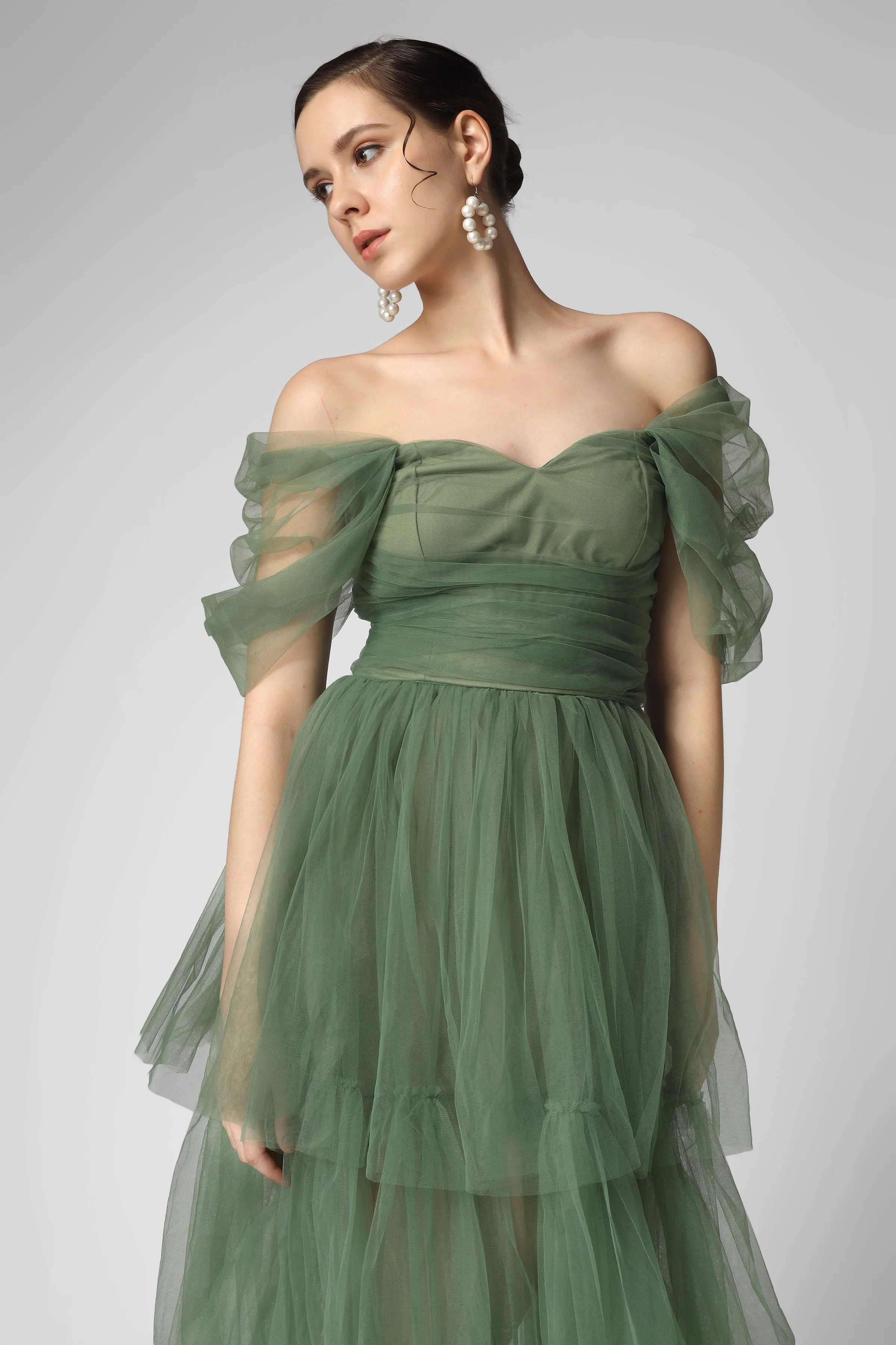 Sydney Off Shoulder Tulle Maxi Dress in Dark Sage sold by Lace & Beads product image thumbnail 5