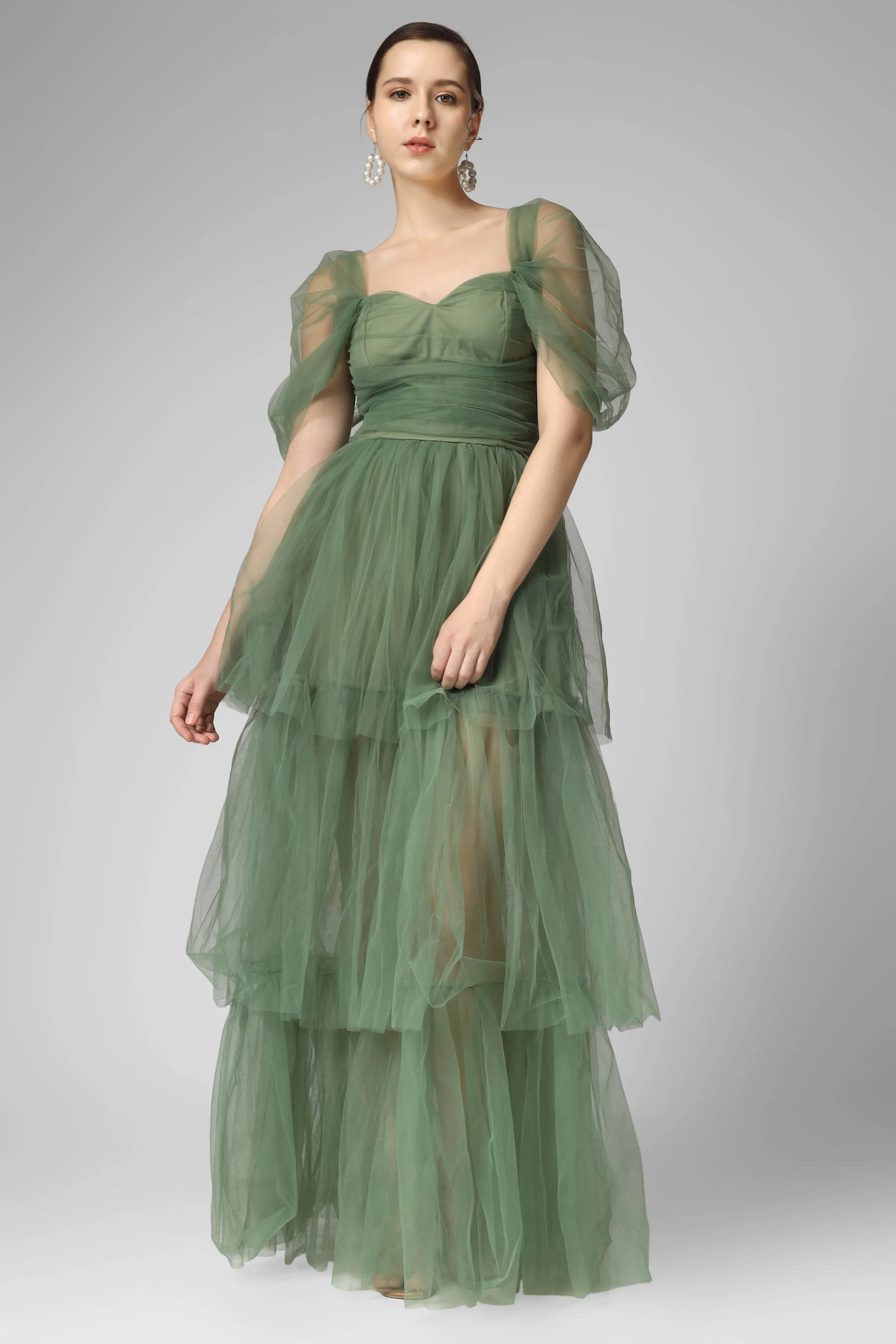 Sydney Off Shoulder Tulle Maxi Dress in Dark Sage sold by Lace & Beads product image thumbnail 4