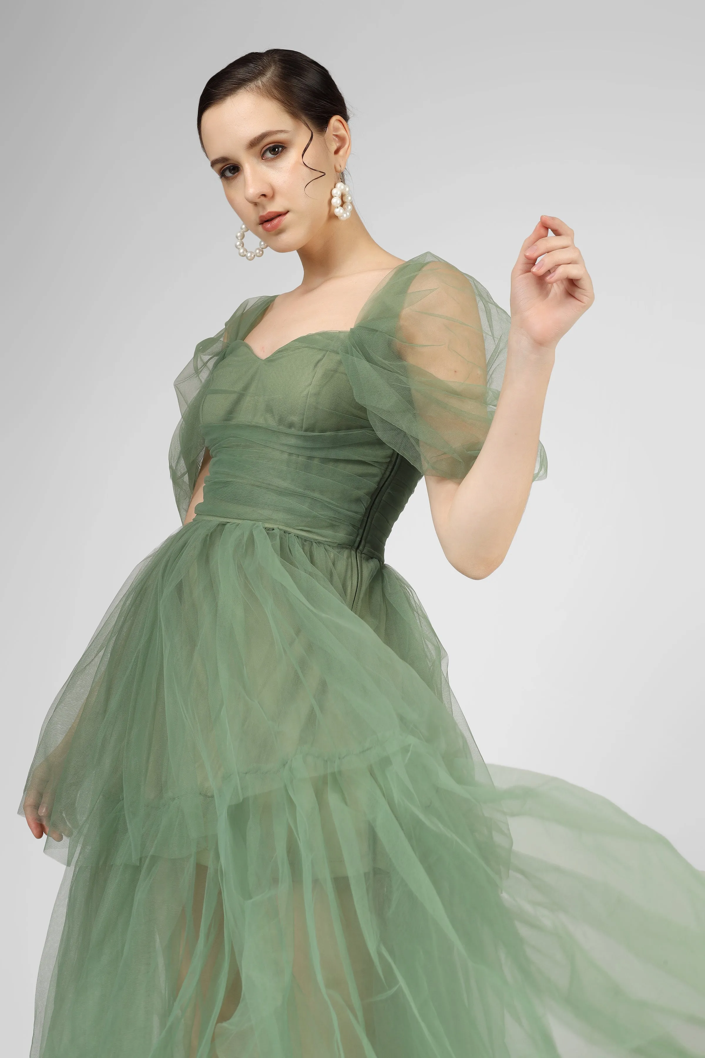 Sydney Off Shoulder Tulle Maxi Dress in Dark Sage sold by Lace & Beads product image thumbnail 3