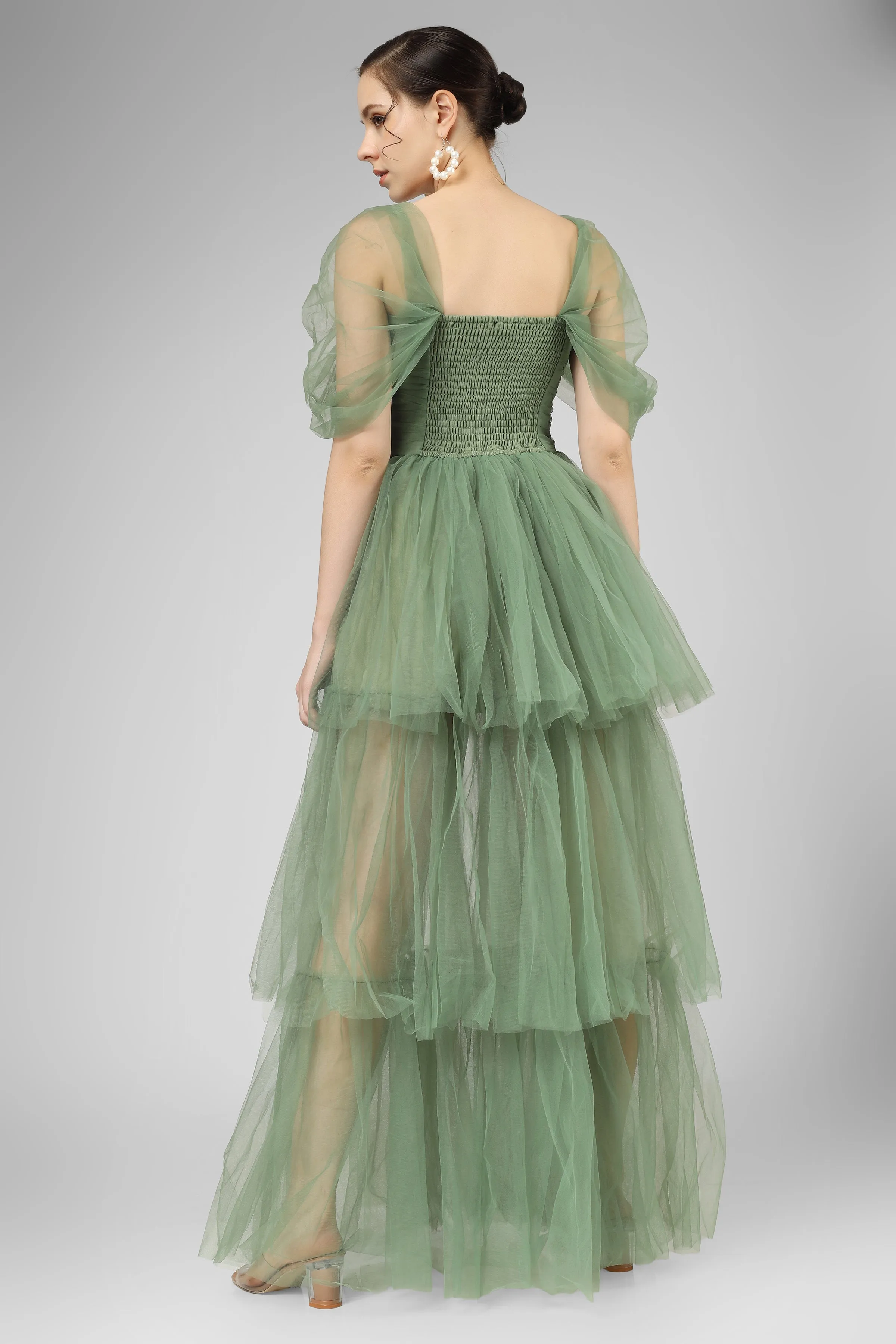 Sydney Off Shoulder Tulle Maxi Dress in Dark Sage sold by Lace & Beads product image thumbnail 2