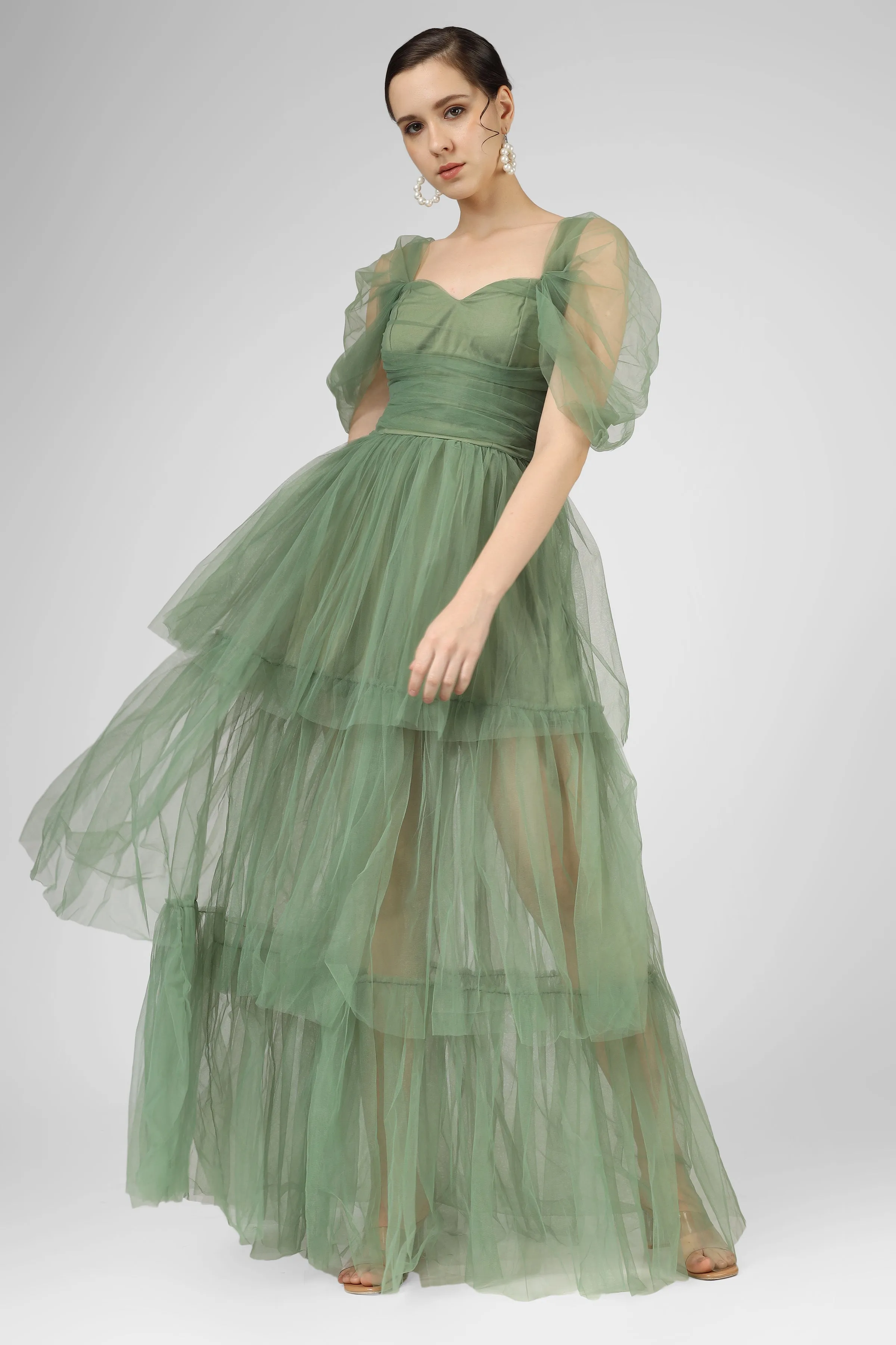 Sydney Off Shoulder Tulle Maxi Dress in Dark Sage sold by Lace & Beads