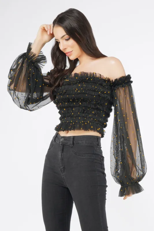 Rolf Black Tulle Top with Gold Polka sold by Lace & Beads