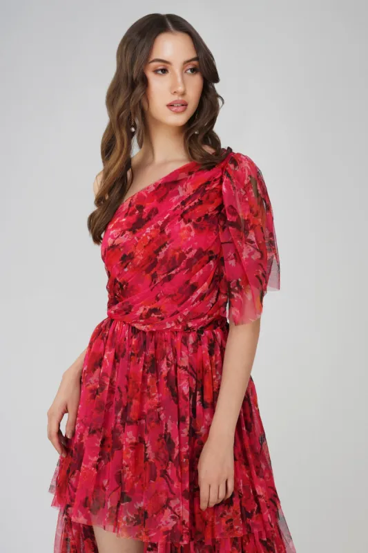 Rowena Red Pink Printed One Shoulder Maxi Dress sold by Lace & Beads