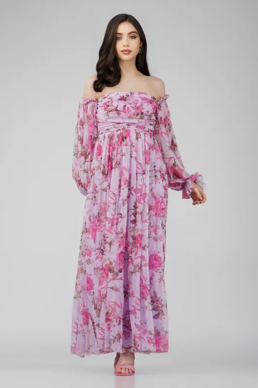 Lana Chiffon Printed Dress in Lavender sold by Lace & Beads