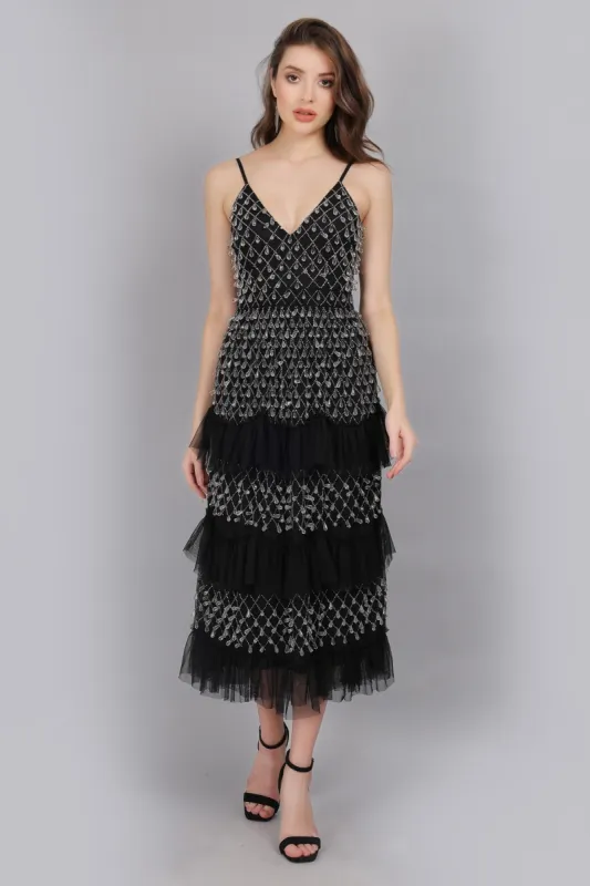 Pearl Drop Midaxi Dress in Black made by Lace & Beads