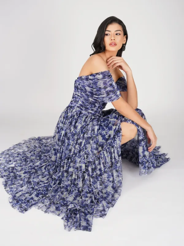 Sydney Tulle Maxi Dress in Blue Leaf Print sold by Lace & Beads