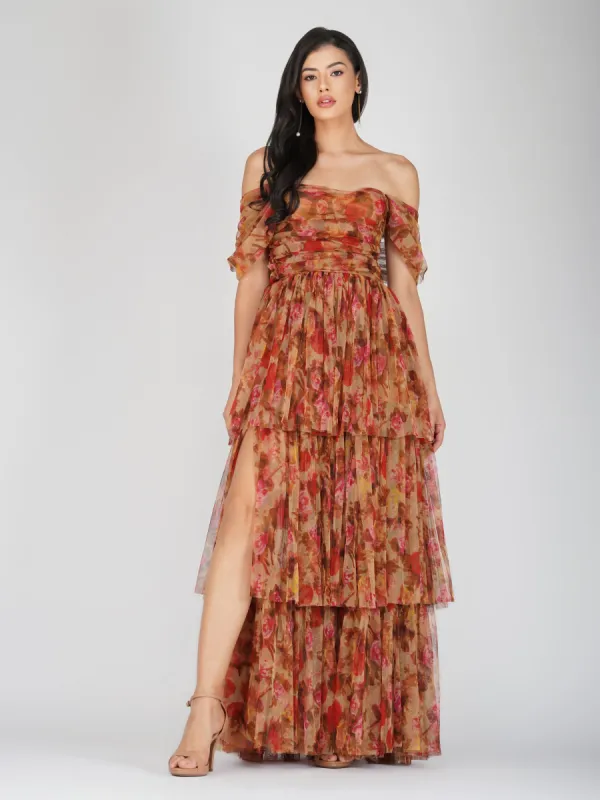Sydney Tulle Maxi Dress in Brown Rose Floral sold by Lace & Beads